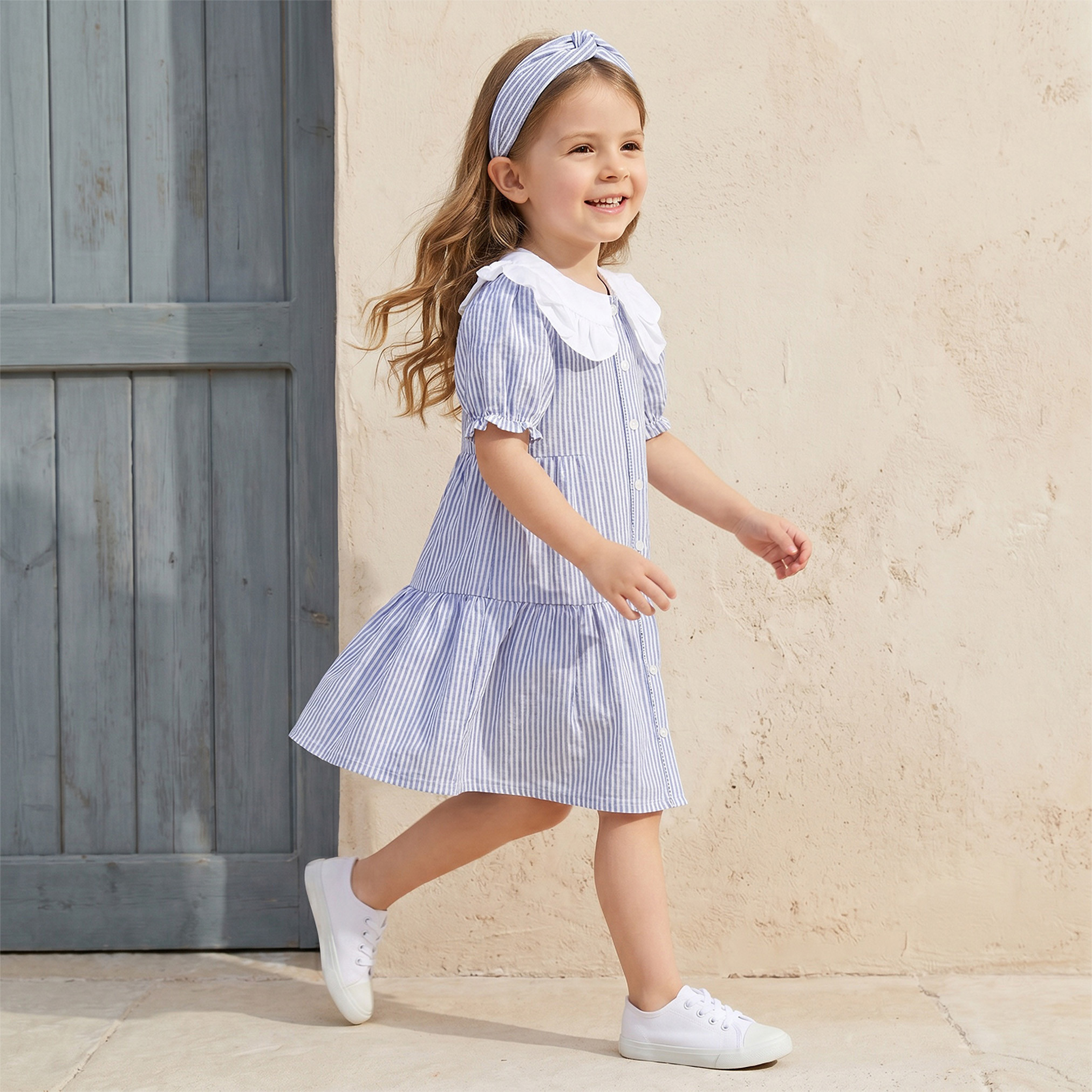 Juniors Peter Pan Collar Short Sleeves Knee Length Dress with Stripes-girls-clothing-dressesandjumpsuits-image-4