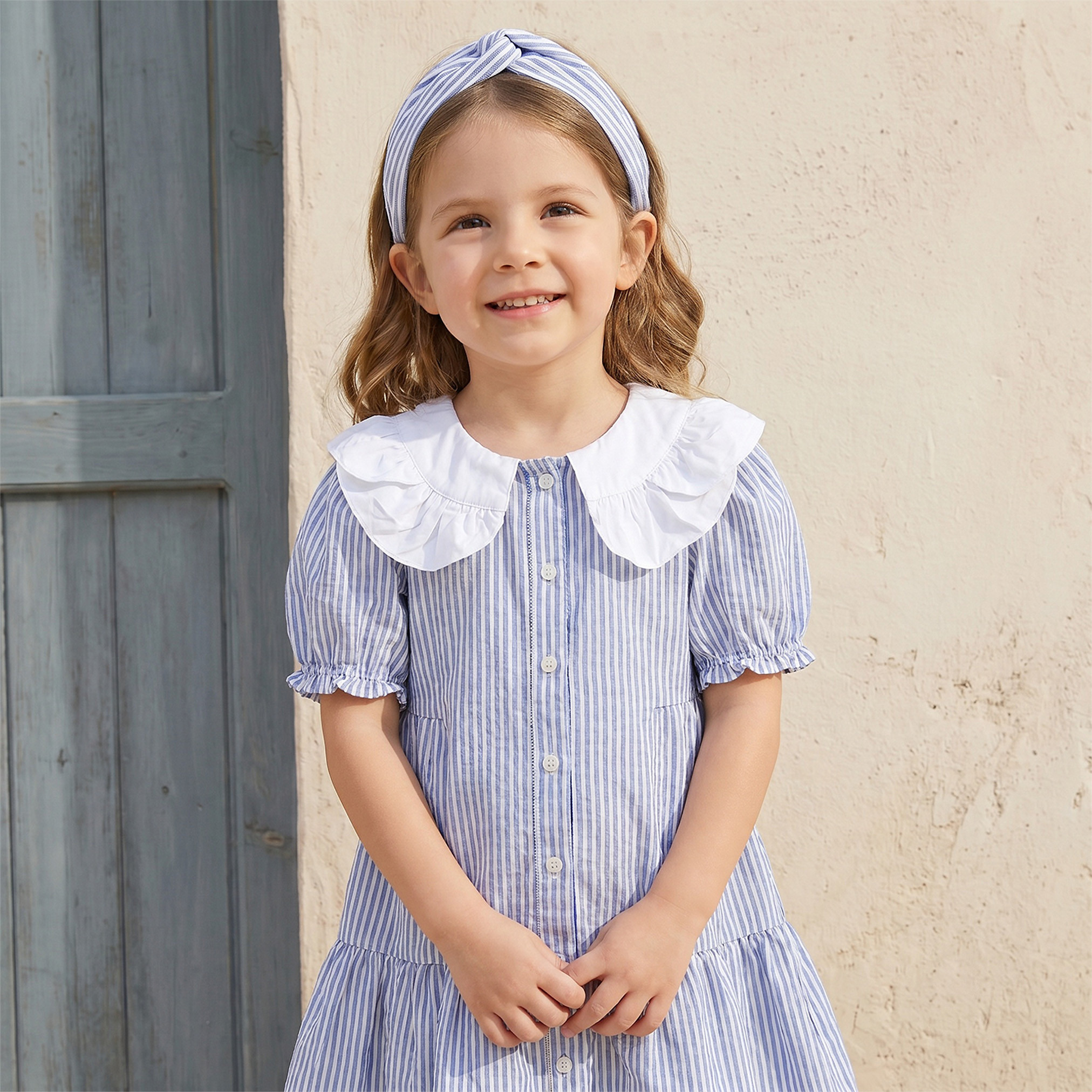 Juniors Peter Pan Collar Short Sleeves Knee Length Dress with Stripes-girls-clothing-dressesandjumpsuits-image-5
