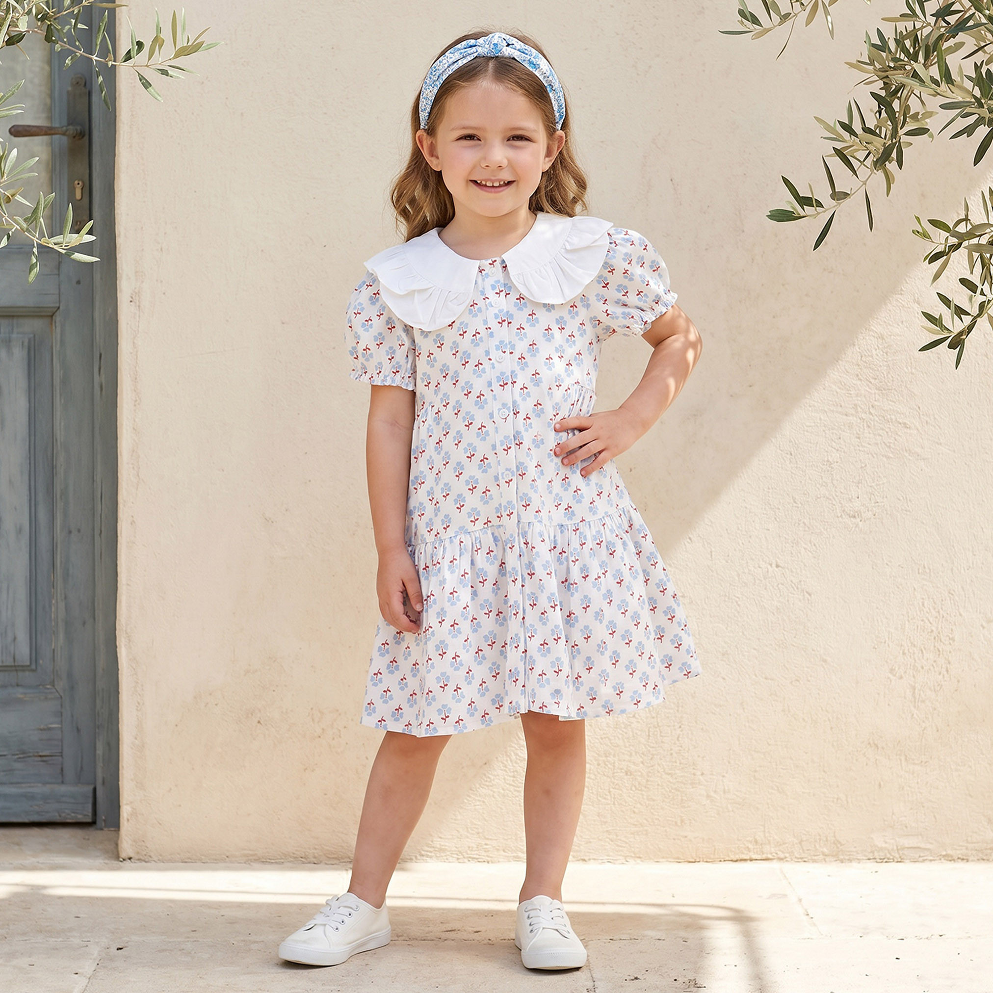 Juniors Peter Pan Collar Short Sleeves Knee Length Dress with Floral Print-girls-clothing-dressesandjumpsuits-image-1