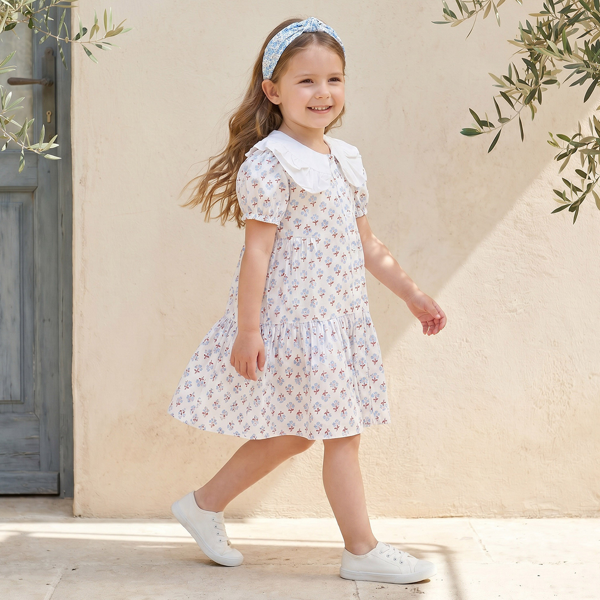 Juniors Peter Pan Collar Short Sleeves Knee Length Dress with Floral Print-girls-clothing-dressesandjumpsuits-image-5