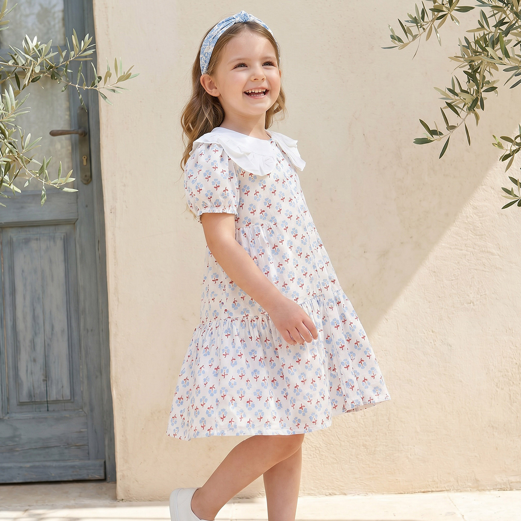 Juniors Peter Pan Collar Short Sleeves Knee Length Dress with Floral Print-girls-clothing-dressesandjumpsuits-image-6