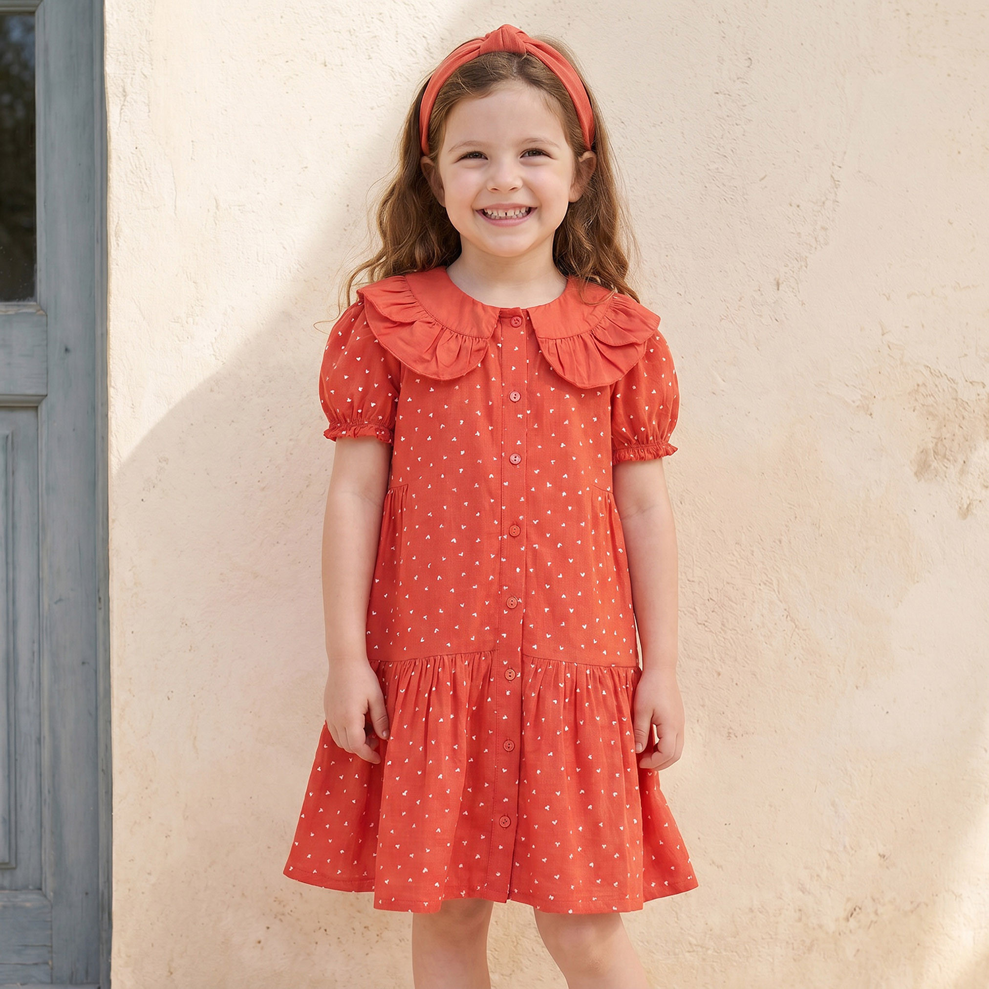 فستان بطول الركبة وياقة بيتر بان وأكمام قصيرة وطبعات قلب من جونيورز-girls-clothing-dressesandjumpsuits-image-5