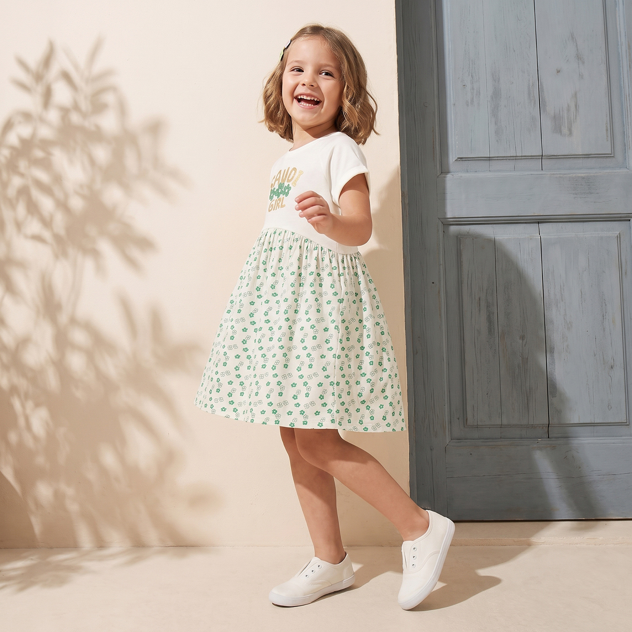 Juniors Round Neck Short Sleeves Knee Length A-line Dress with KSA National Day Print-girls-clothing-dressesandjumpsuits-image-4