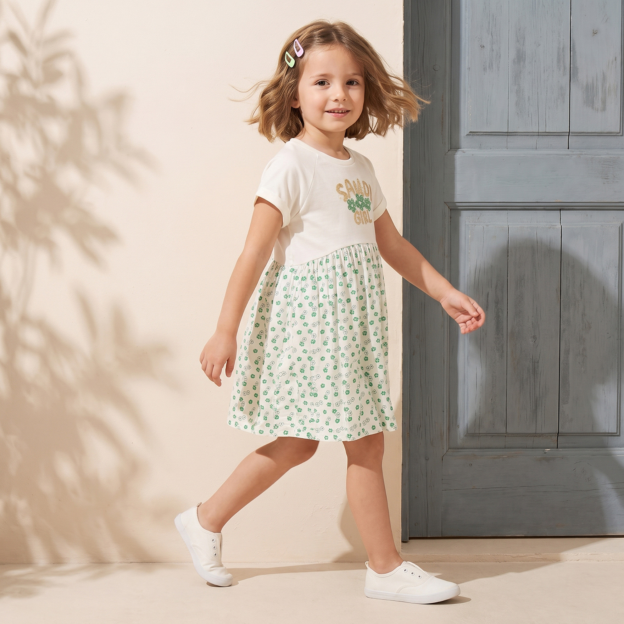 Juniors Round Neck Short Sleeves Knee Length A-line Dress with KSA National Day Print-girls-clothing-dressesandjumpsuits-image-5
