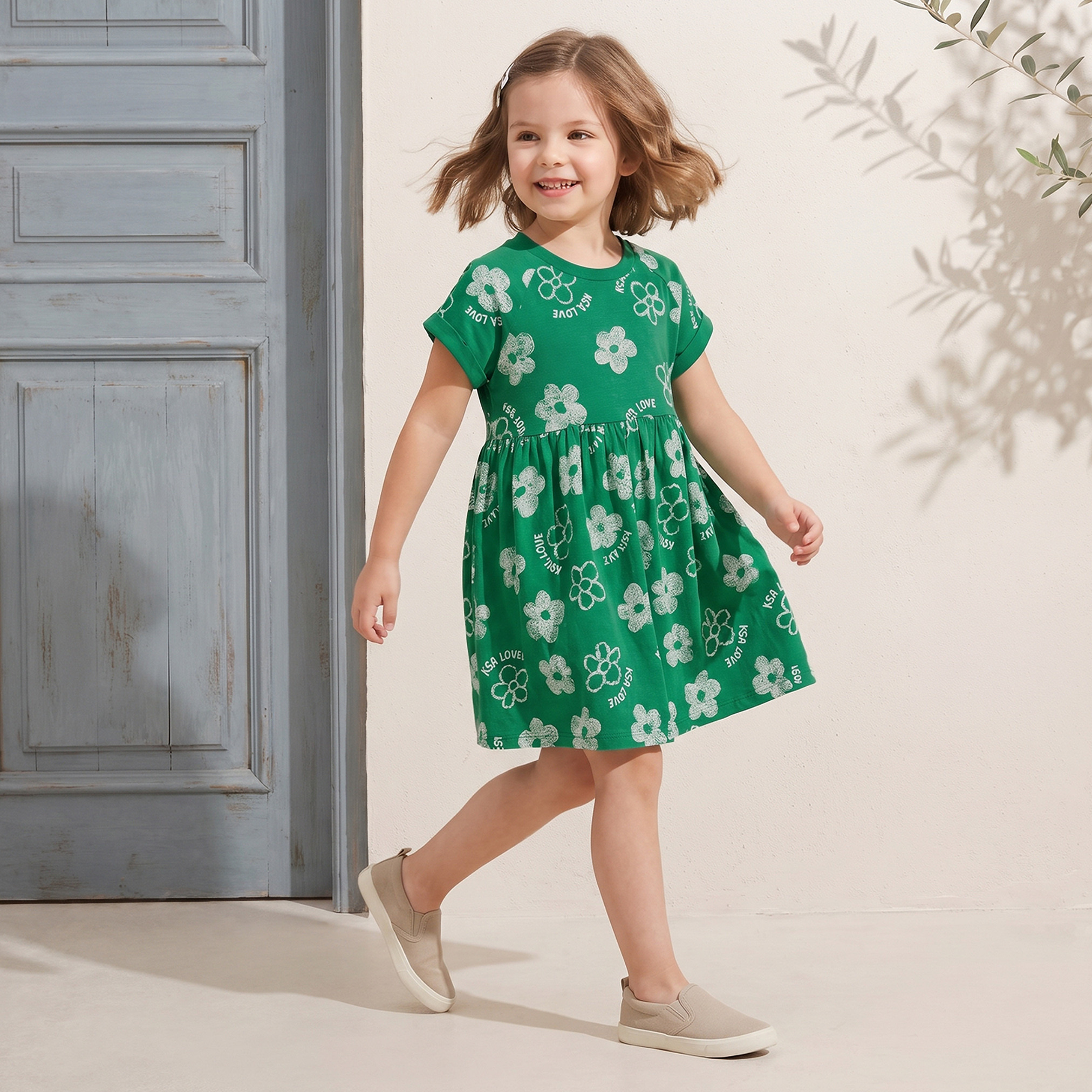 Juniors Round Neck Short Sleeves Knee Length A-line Dress with KSA National Day Print-girls-clothing-dressesandjumpsuits-image-7