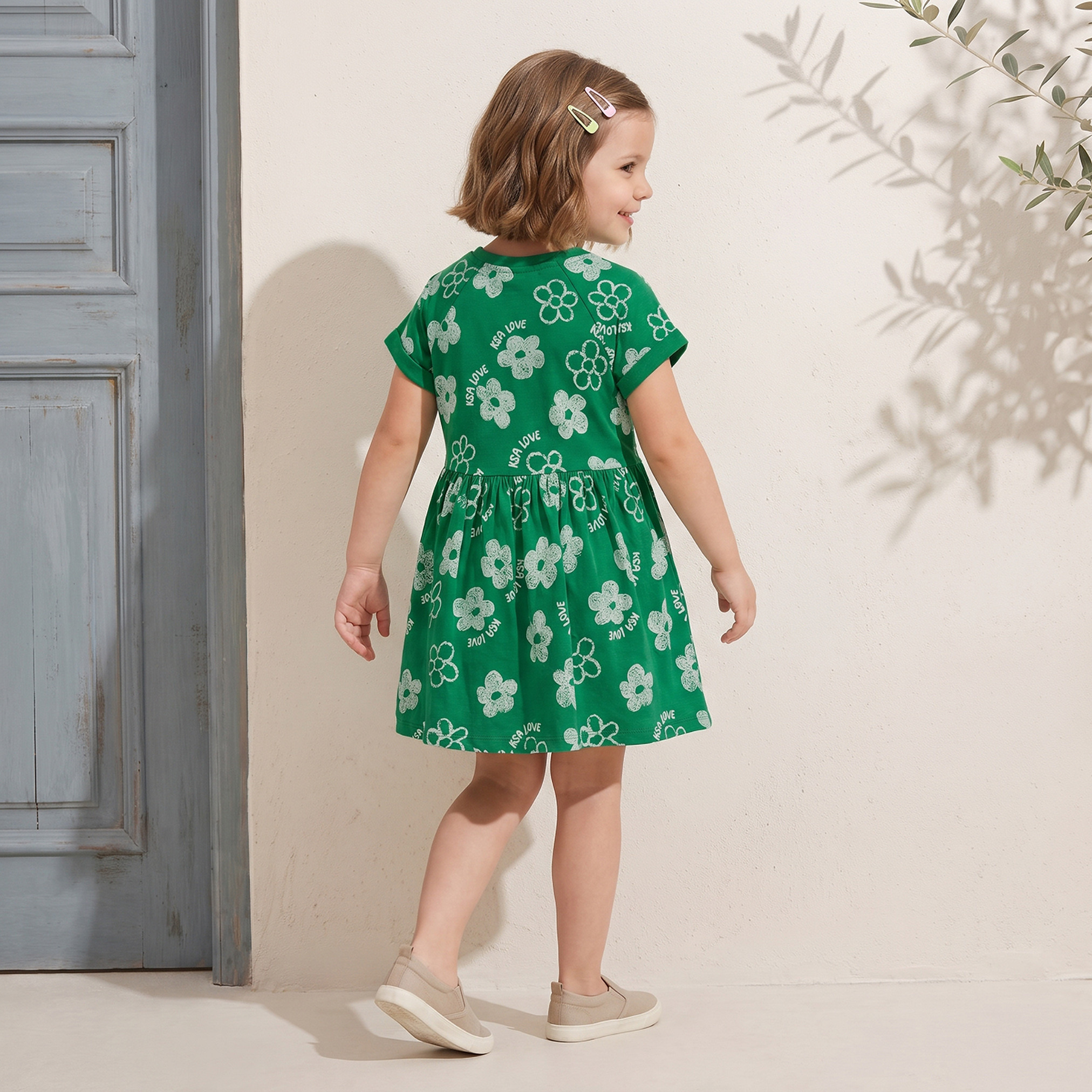 Juniors Round Neck Short Sleeves Knee Length A-line Dress with KSA National Day Print-girls-clothing-dressesandjumpsuits-image-8
