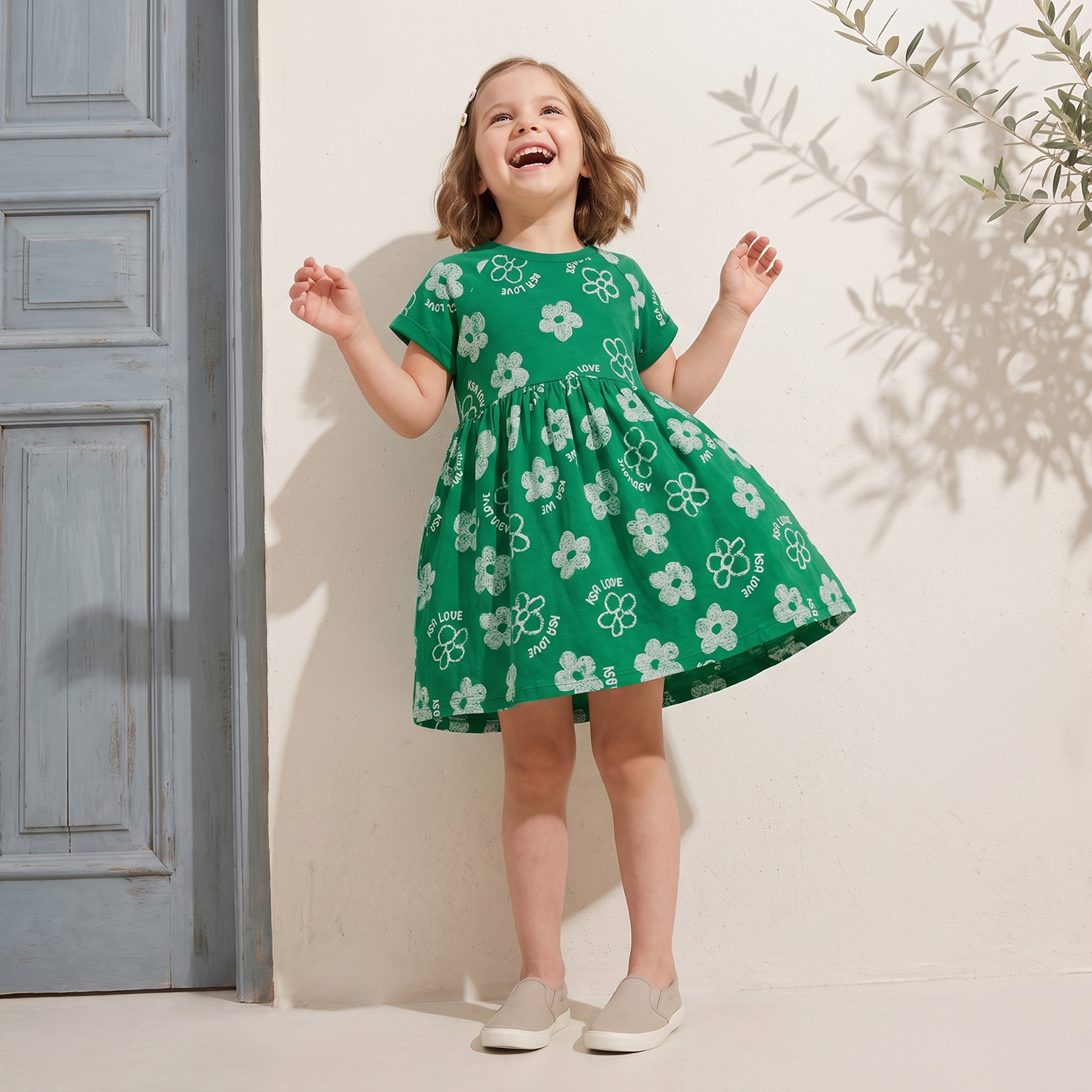 Juniors Round Neck Short Sleeves Knee Length A-line Dress with KSA National Day Print-girls-clothing-dressesandjumpsuits-image-10