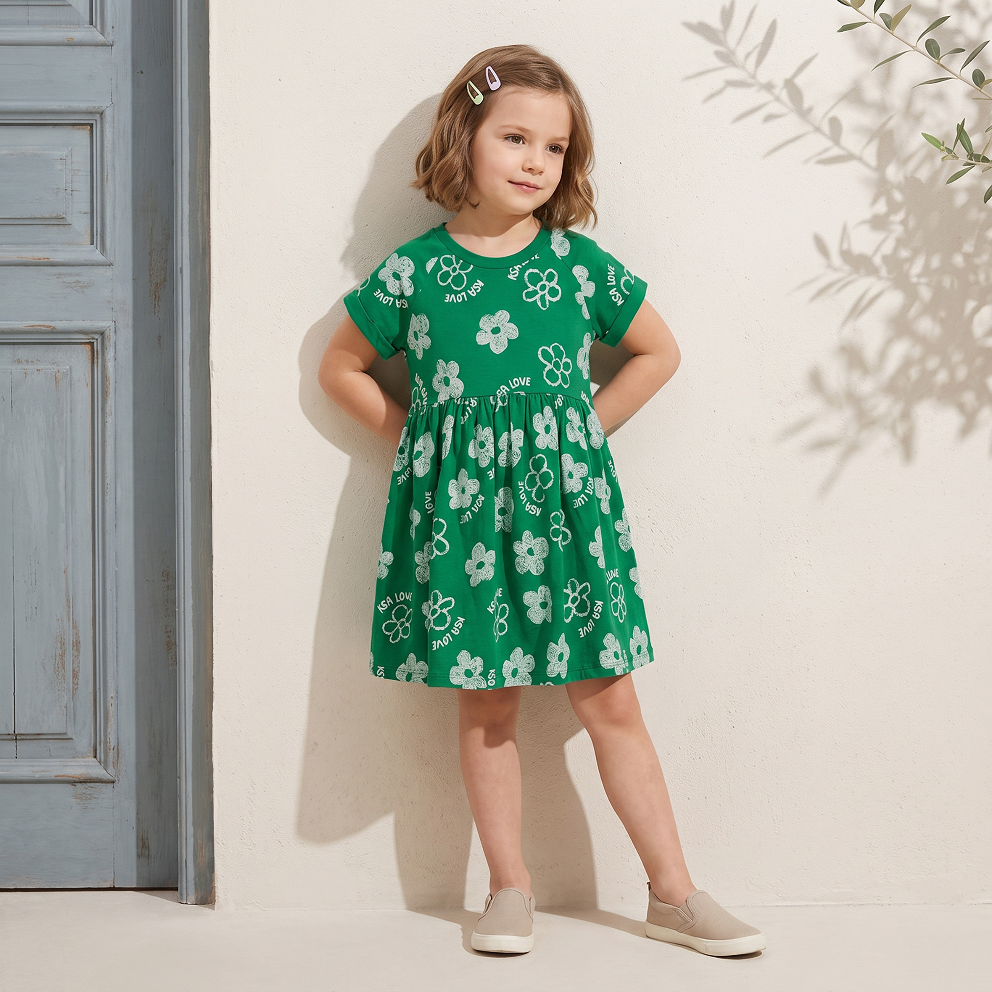 Juniors Round Neck Short Sleeves Knee Length A-line Dress with KSA National Day Print-girls-clothing-dressesandjumpsuits-image-11