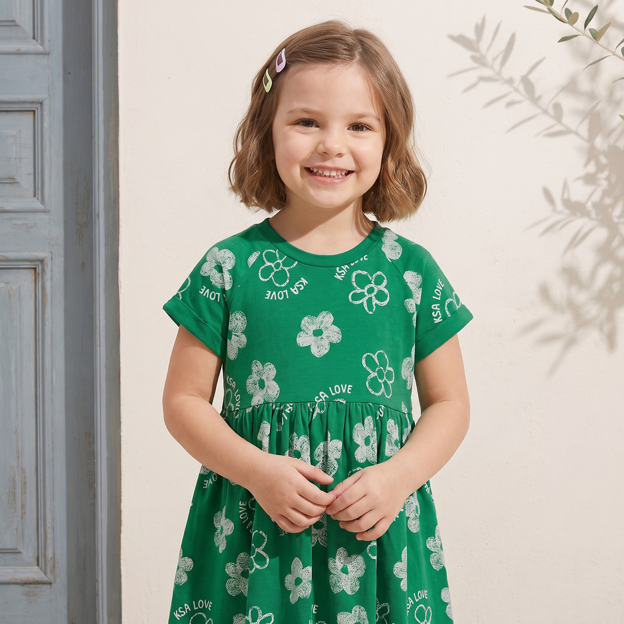 Juniors Round Neck Short Sleeves Knee Length A-line Dress with KSA National Day Print-girls-clothing-dressesandjumpsuits-image-12
