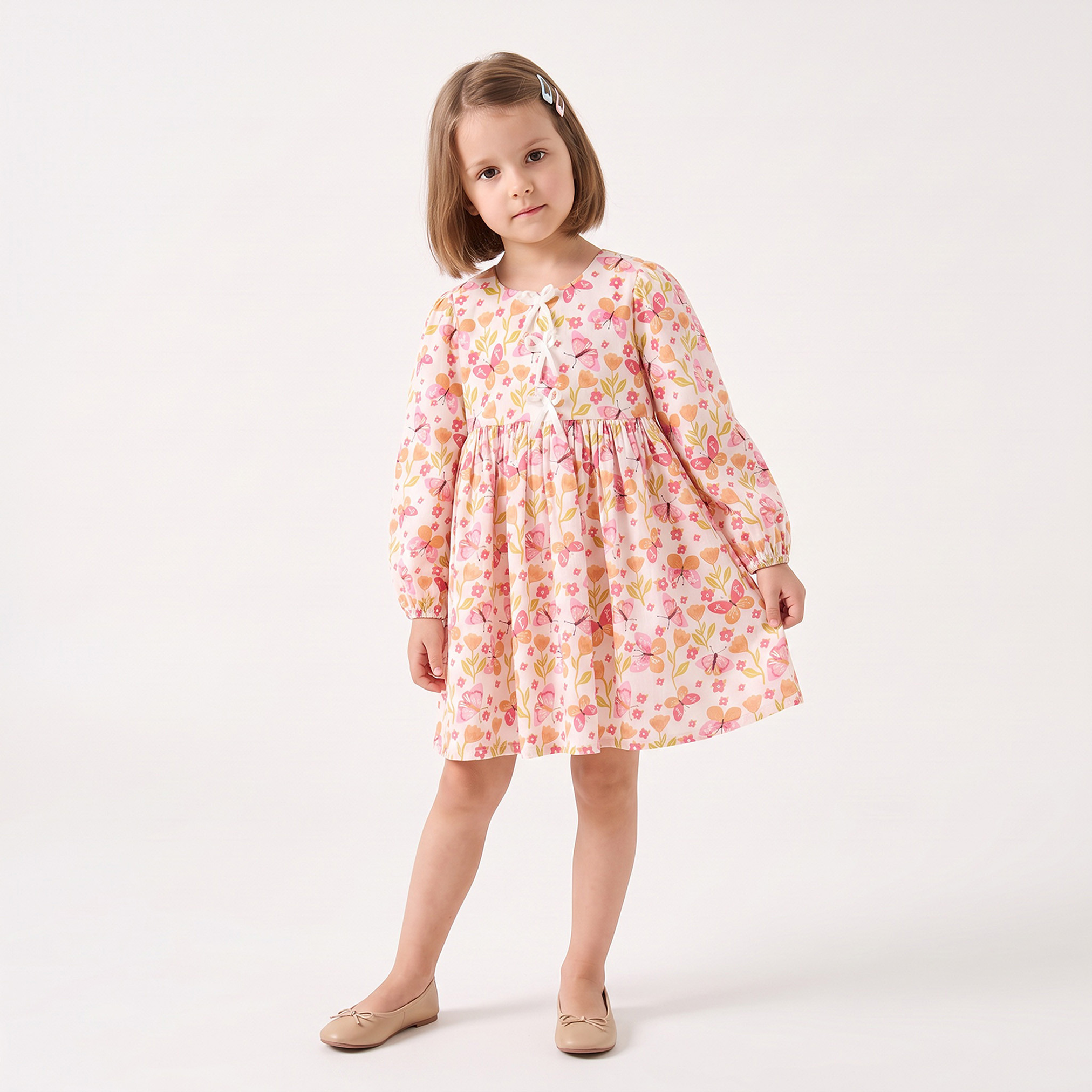 Juniors Round Neck Long Sleeves Knee Length Dress with Floral Print-girls-clothing-dressesandjumpsuits-image-1
