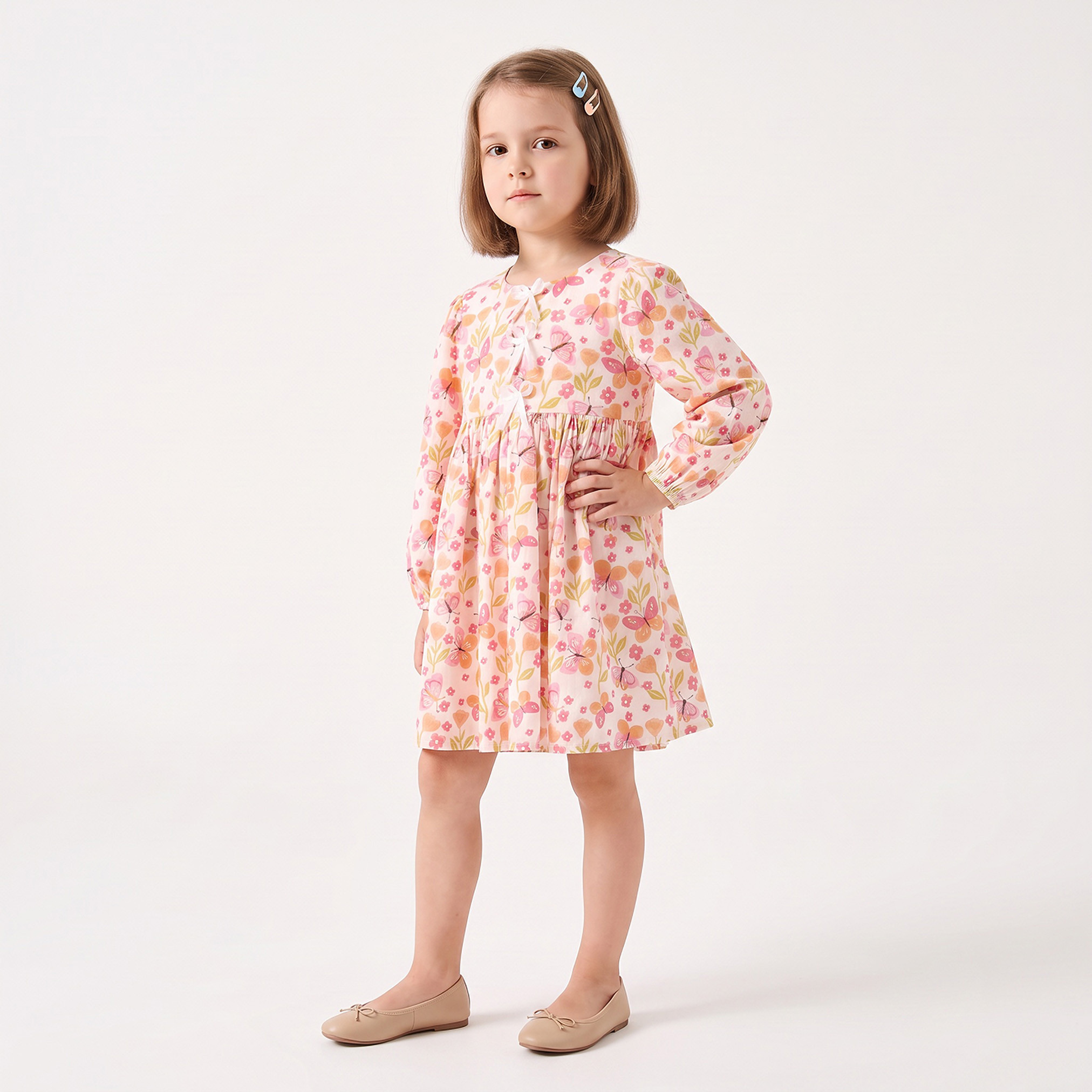 Juniors Round Neck Long Sleeves Knee Length Dress with Floral Print-girls-clothing-dressesandjumpsuits-image-2
