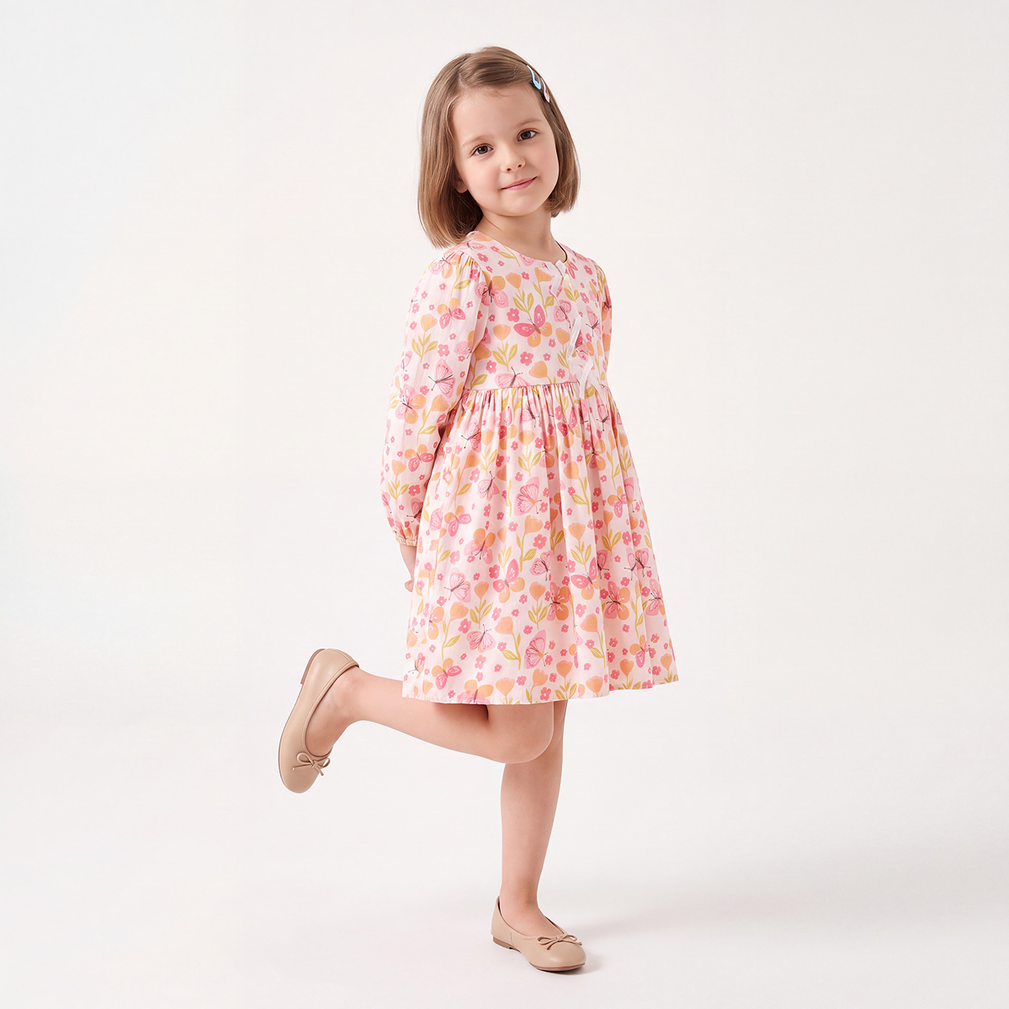 Juniors Round Neck Long Sleeves Knee Length Dress with Floral Print-girls-clothing-dressesandjumpsuits-image-4