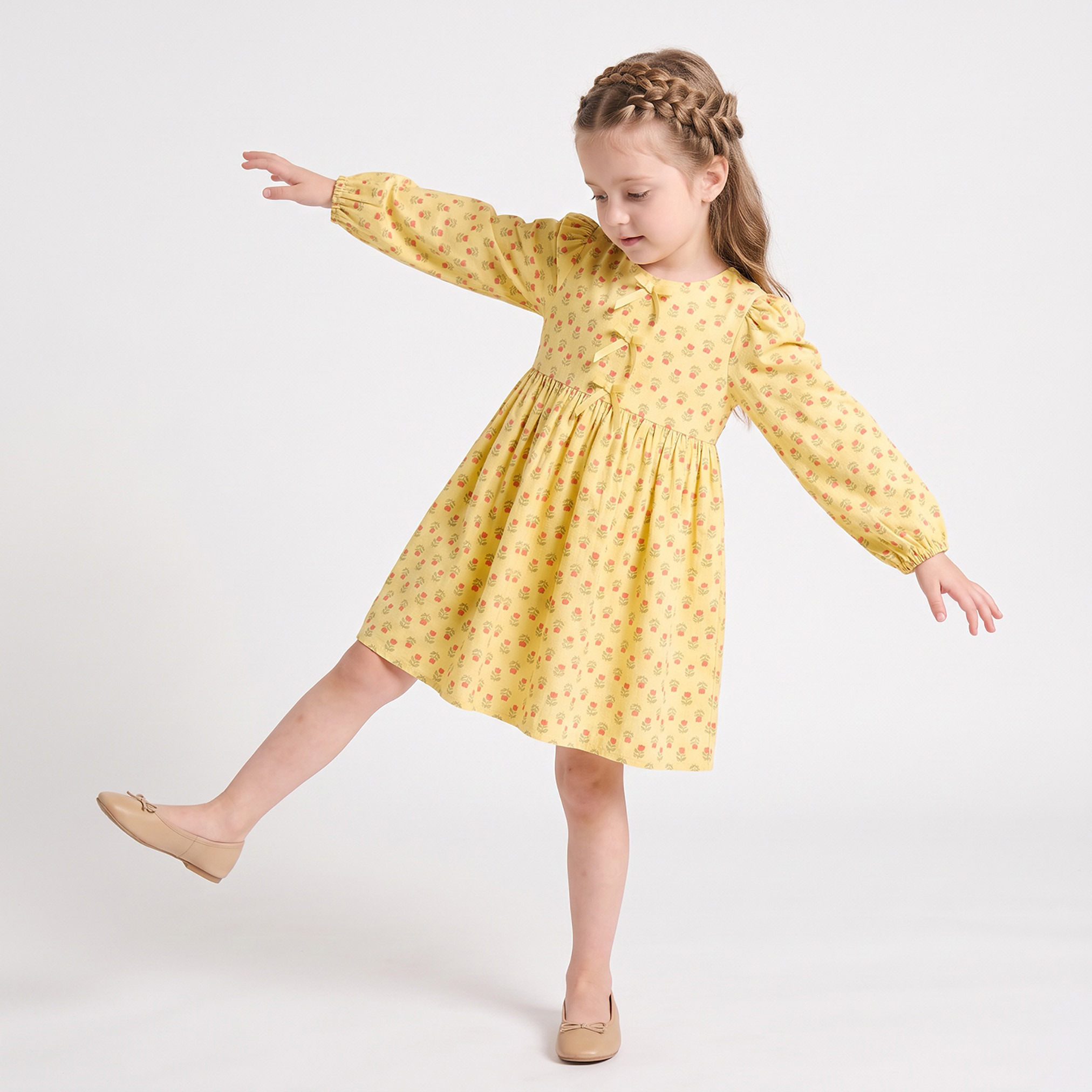 Juniors Round Neck Long Sleeves Knee Length Dress with Floral Print-girls-clothing-dressesandjumpsuits-image-1