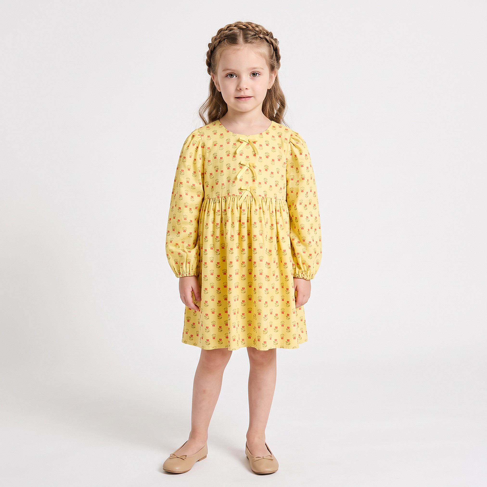 Juniors Round Neck Long Sleeves Knee Length Dress with Floral Print-girls-clothing-dressesandjumpsuits-image-2