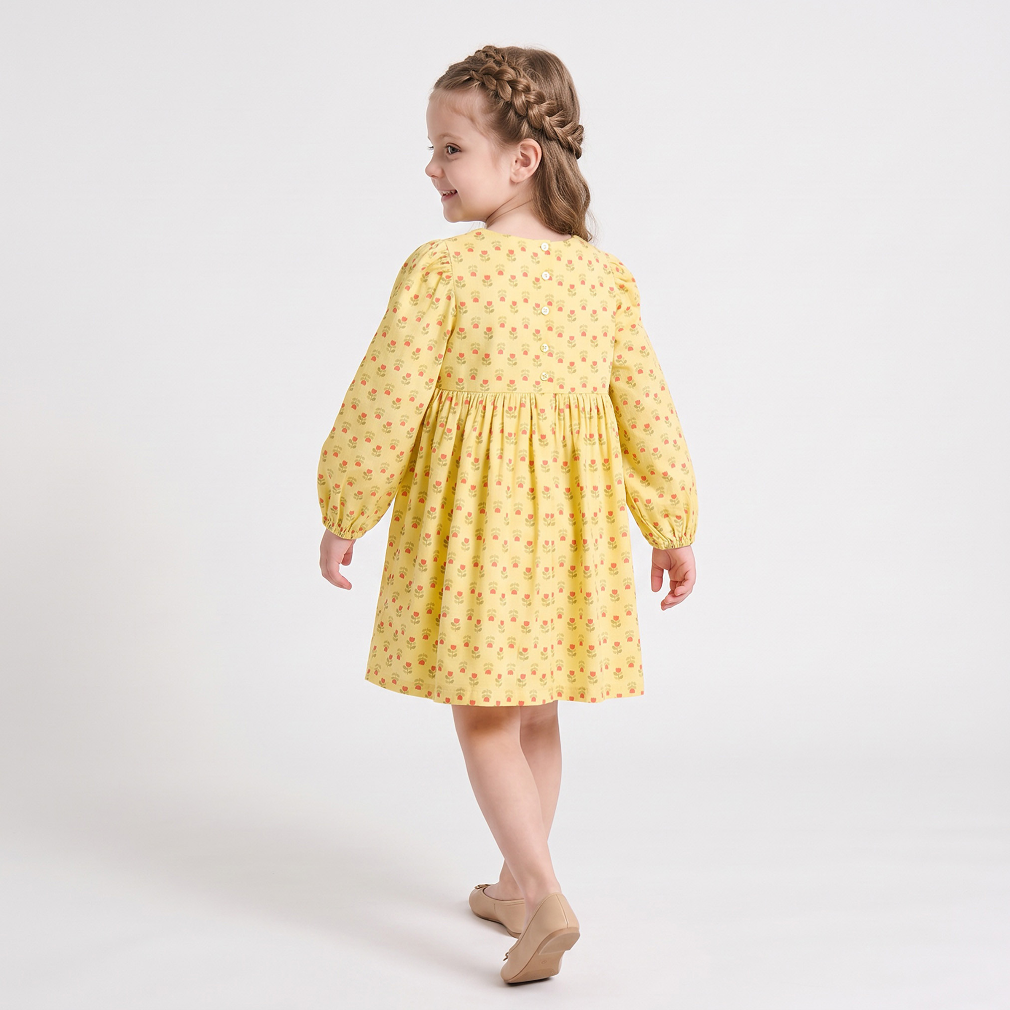 Juniors Round Neck Long Sleeves Knee Length Dress with Floral Print-girls-clothing-dressesandjumpsuits-image-3