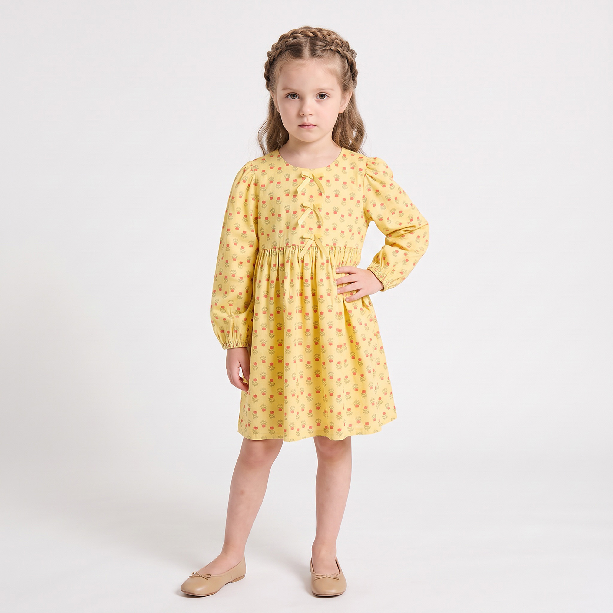 Juniors Round Neck Long Sleeves Knee Length Dress with Floral Print-girls-clothing-dressesandjumpsuits-image-4
