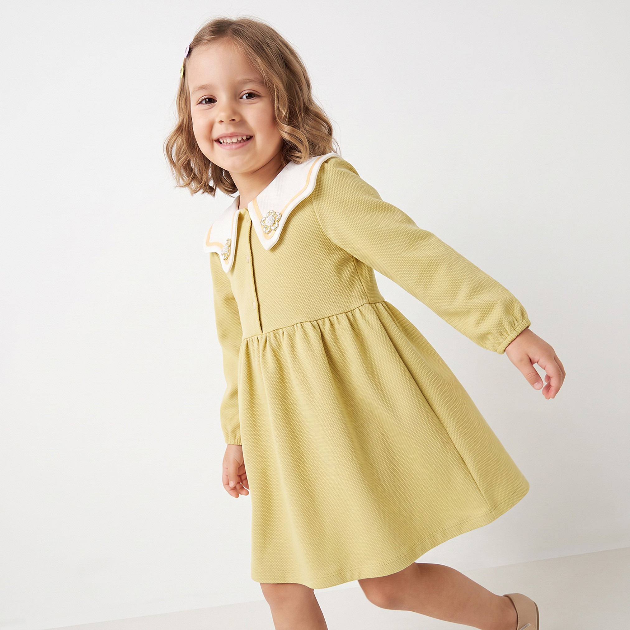 Juniors Sailor Collar Long Sleeves Knee Length Dress with Floral Applique-girls-clothing-dressesandjumpsuits-image-1