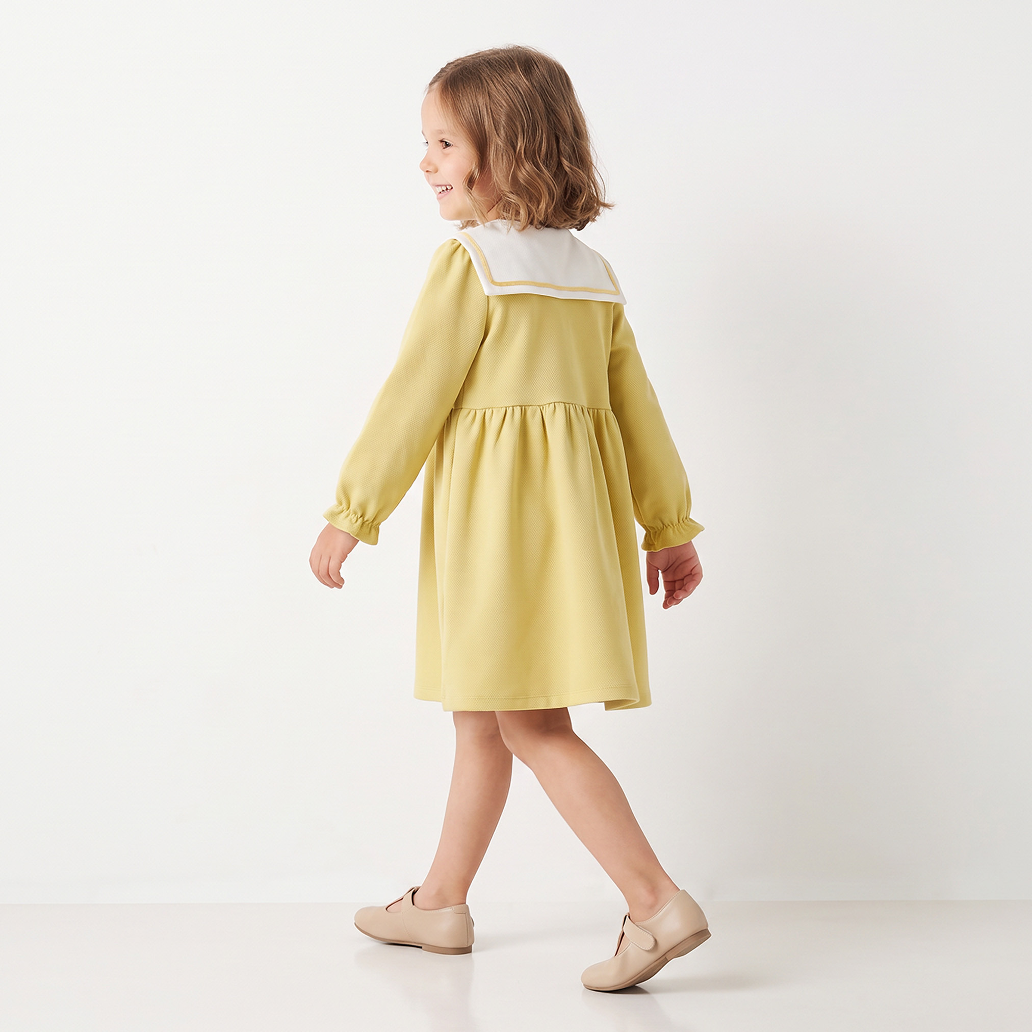 Juniors Sailor Collar Long Sleeves Knee Length Dress with Floral Applique-girls-clothing-dressesandjumpsuits-image-2