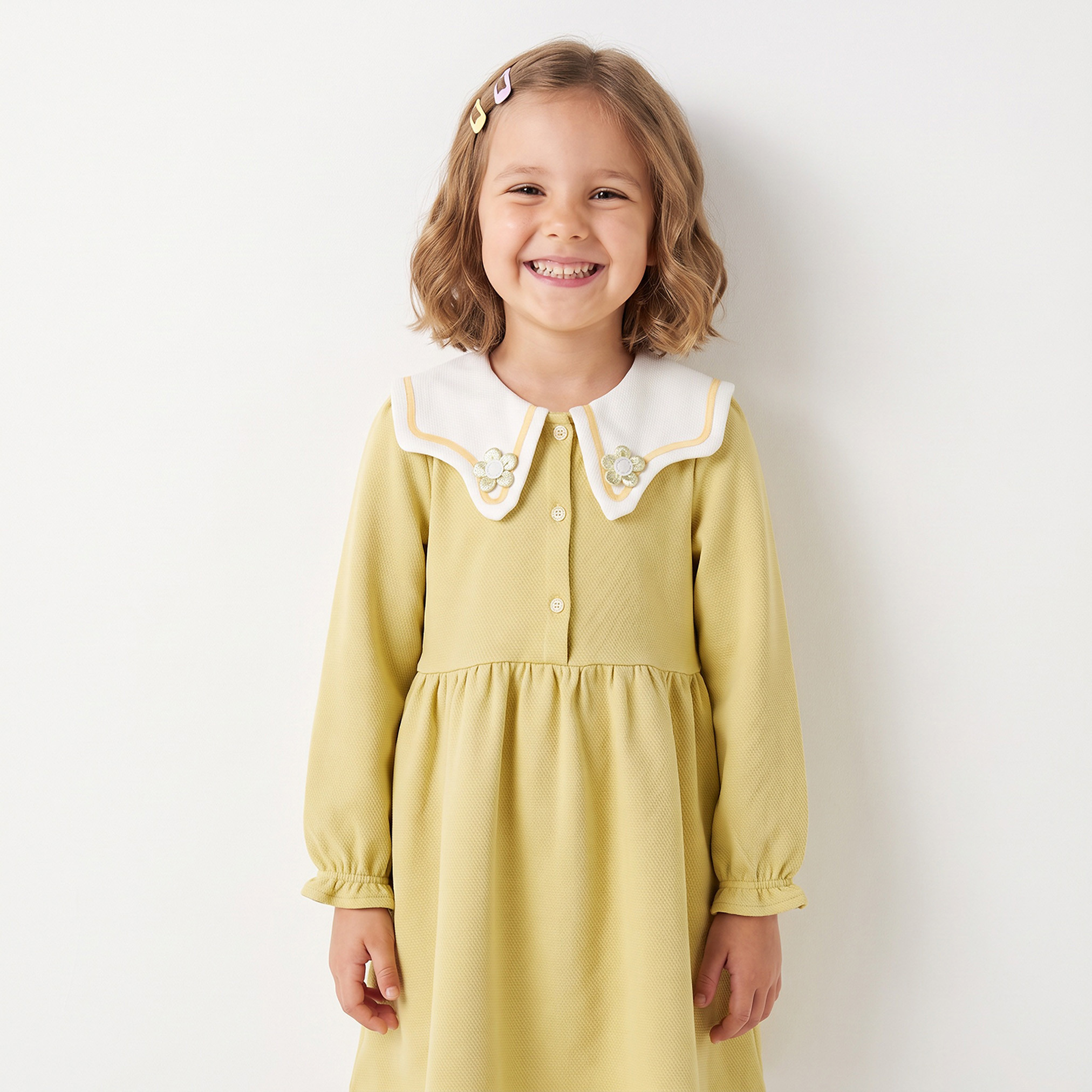 Juniors Sailor Collar Long Sleeves Knee Length Dress with Floral Applique-girls-clothing-dressesandjumpsuits-image-5