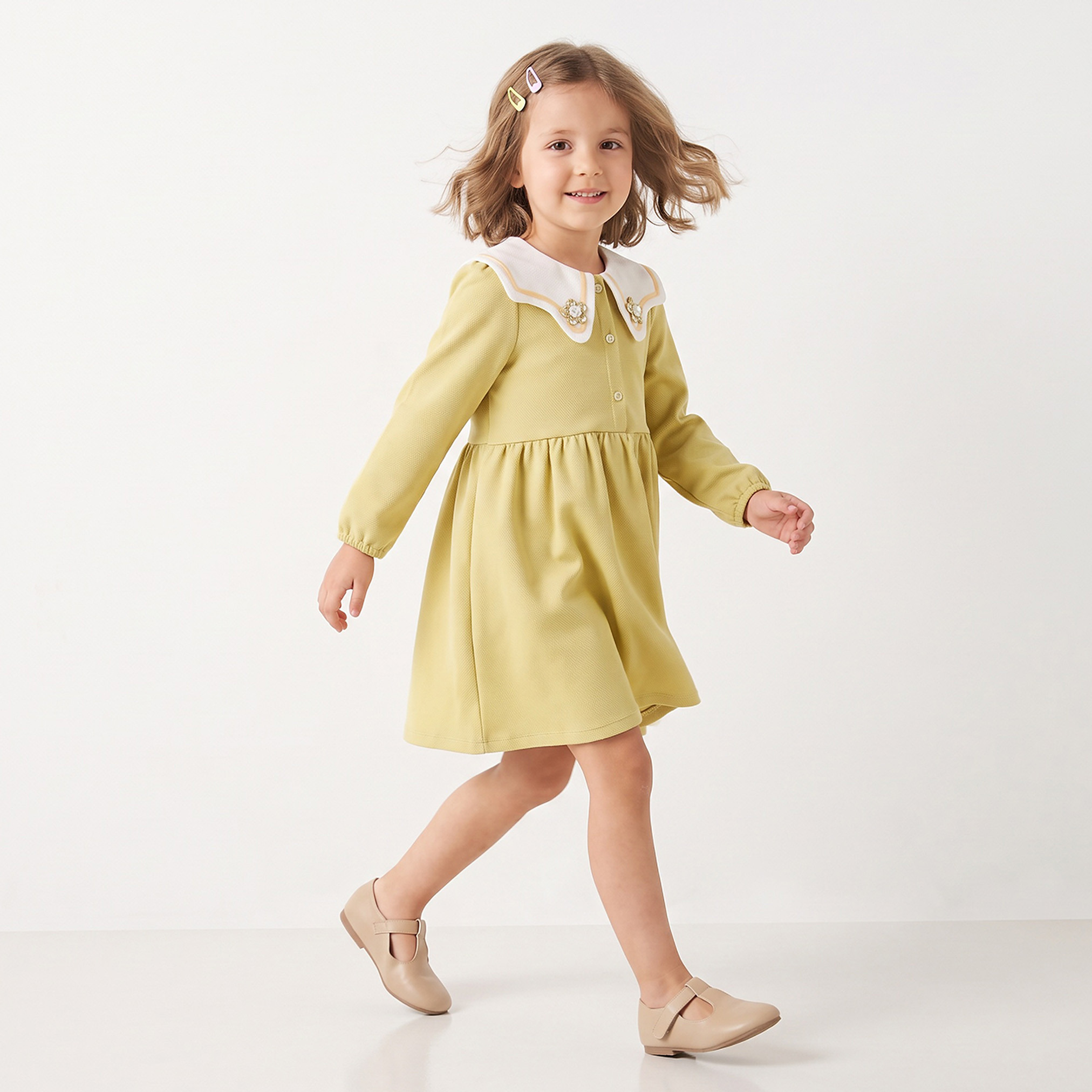 Juniors Sailor Collar Long Sleeves Knee Length Dress with Floral Applique-girls-clothing-dressesandjumpsuits-image-4