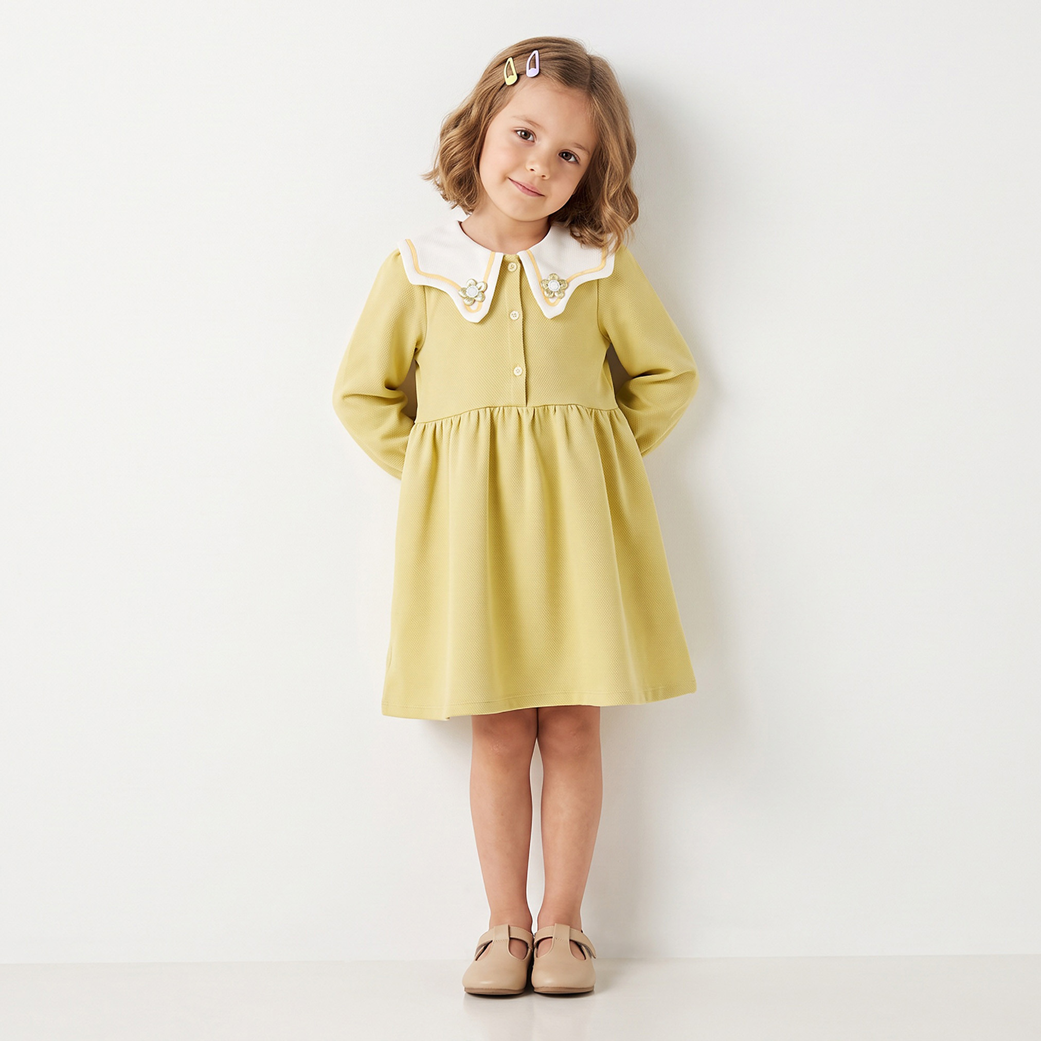Juniors Sailor Collar Long Sleeves Knee Length Dress with Floral Applique-girls-clothing-dressesandjumpsuits-image-6