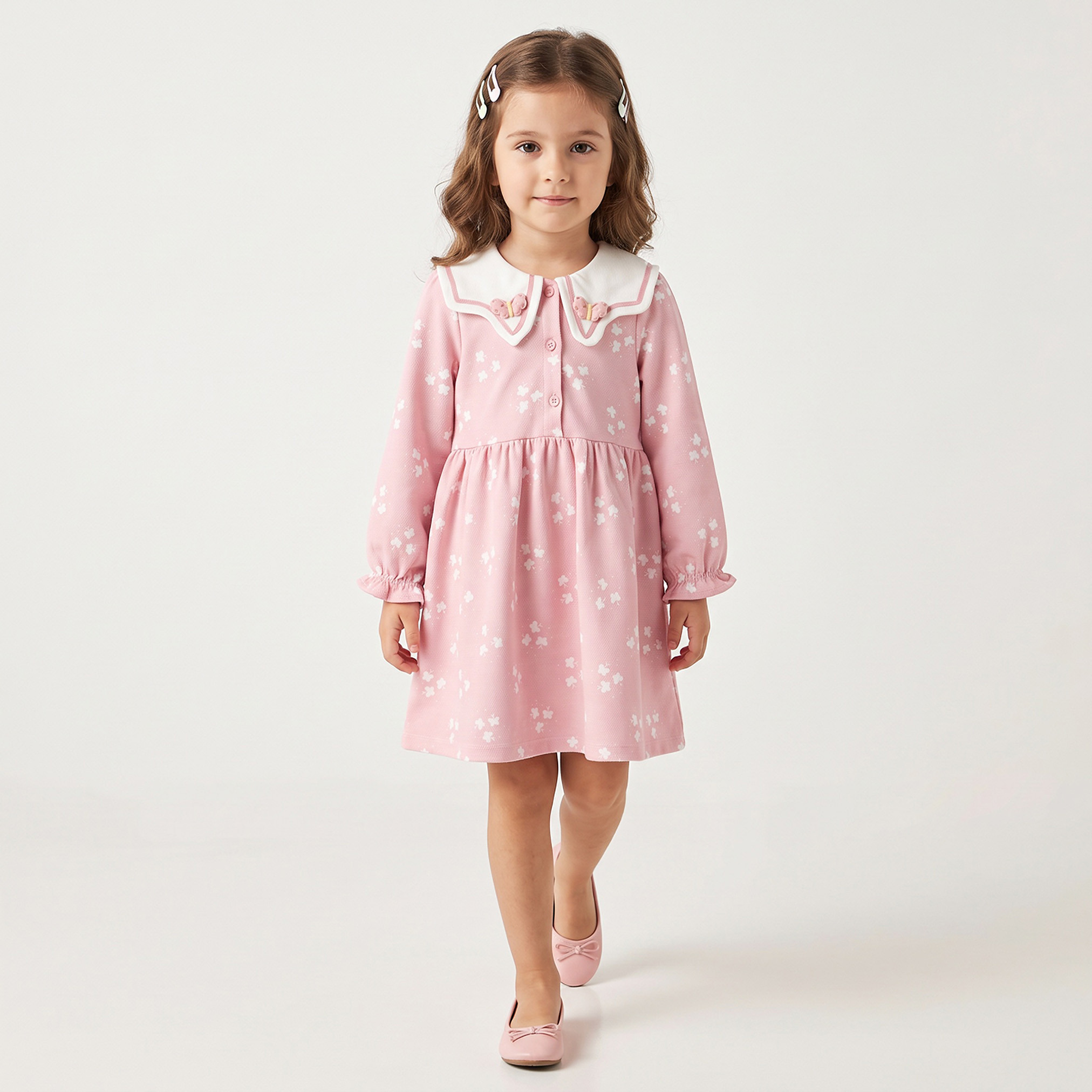 فستان بطول الركبة وأكمام طويلة وياقة بحار وزخارف فراشات من جونيورز-girls-clothing-dressesandjumpsuits-image-1