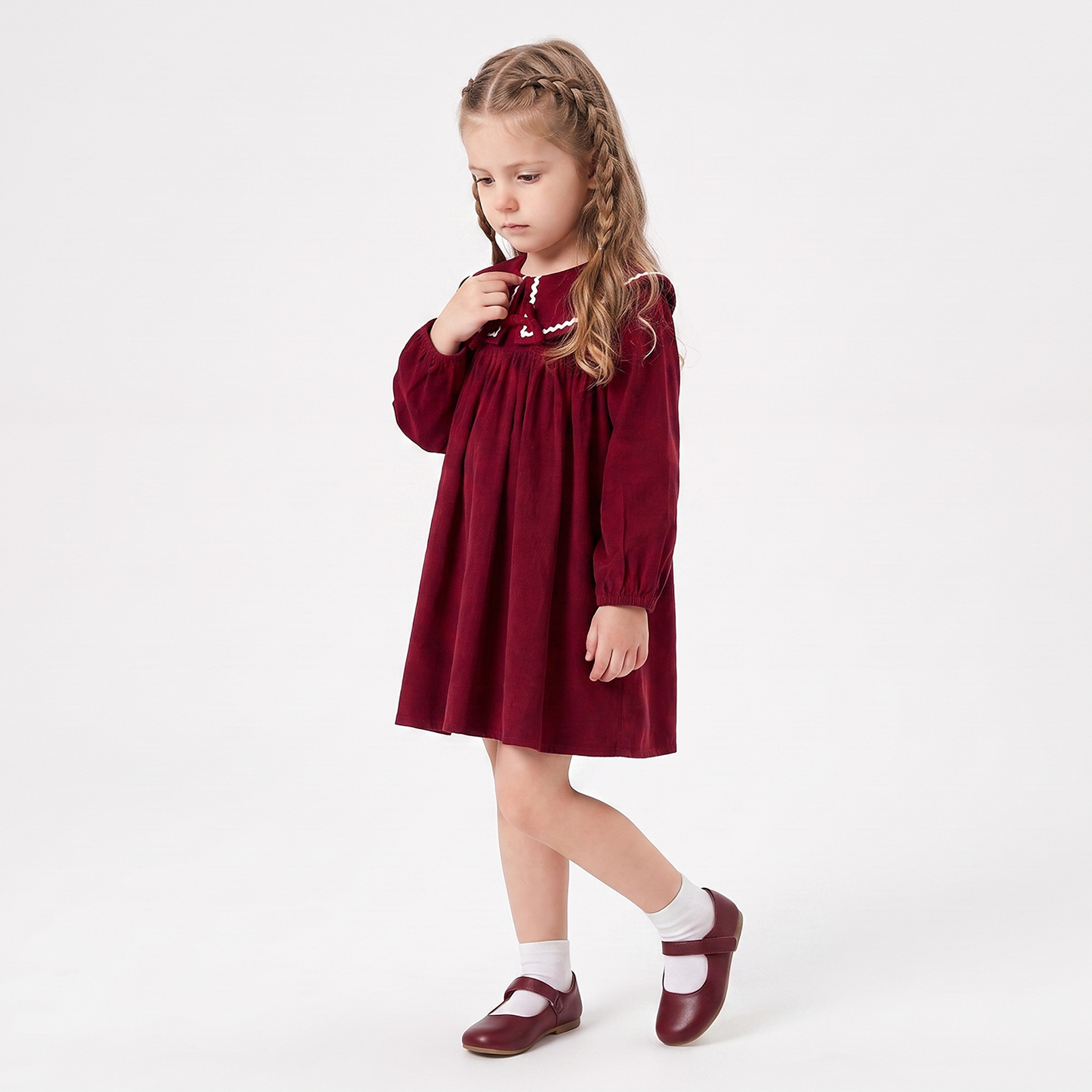 Juniors Peter Pan Collar Long Sleeves Knee Length Skater Dress with Lace Trim-girls-clothing-dressesandjumpsuits-image-1
