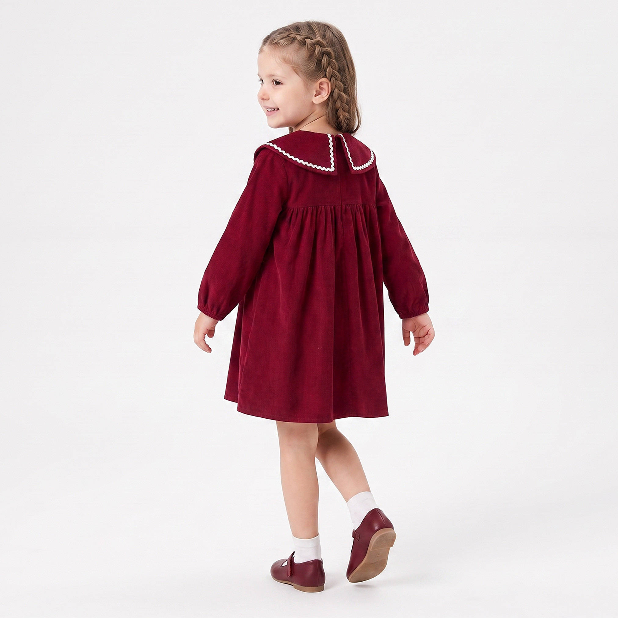 Juniors Peter Pan Collar Long Sleeves Knee Length Skater Dress with Lace Trim-girls-clothing-dressesandjumpsuits-image-2