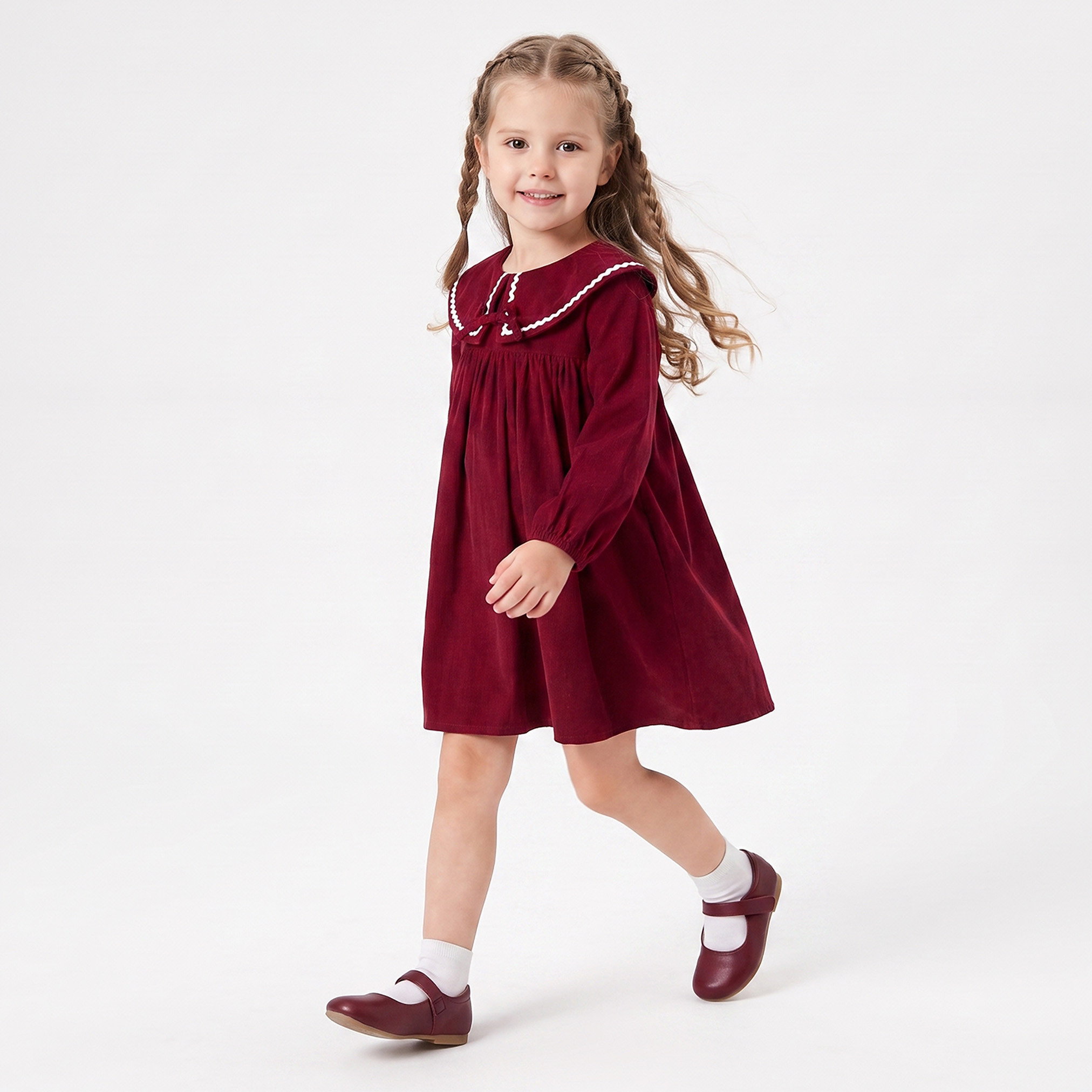 Juniors Peter Pan Collar Long Sleeves Knee Length Skater Dress with Lace Trim-girls-clothing-dressesandjumpsuits-image-4