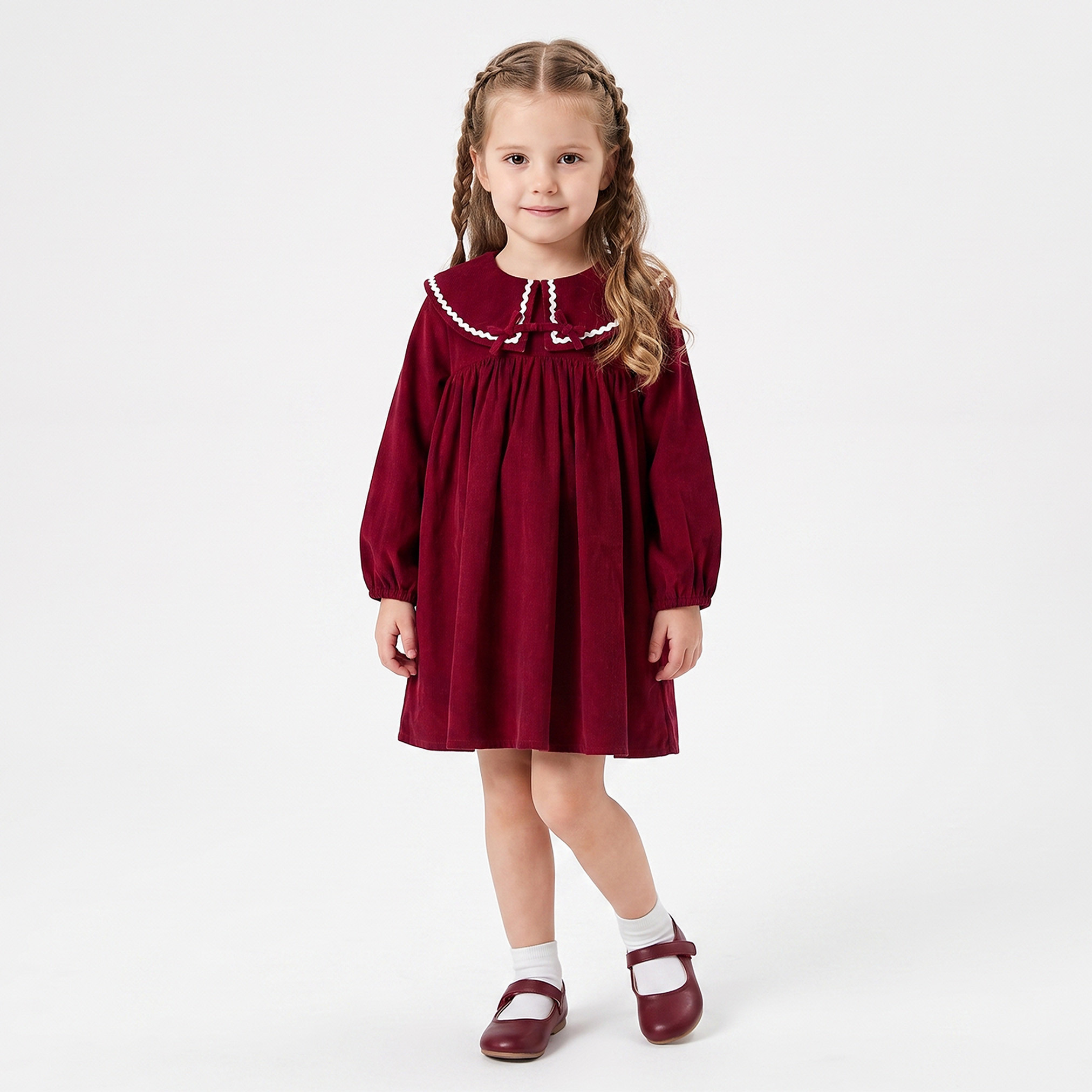 Juniors Peter Pan Collar Long Sleeves Knee Length Skater Dress with Lace Trim-girls-clothing-dressesandjumpsuits-image-5