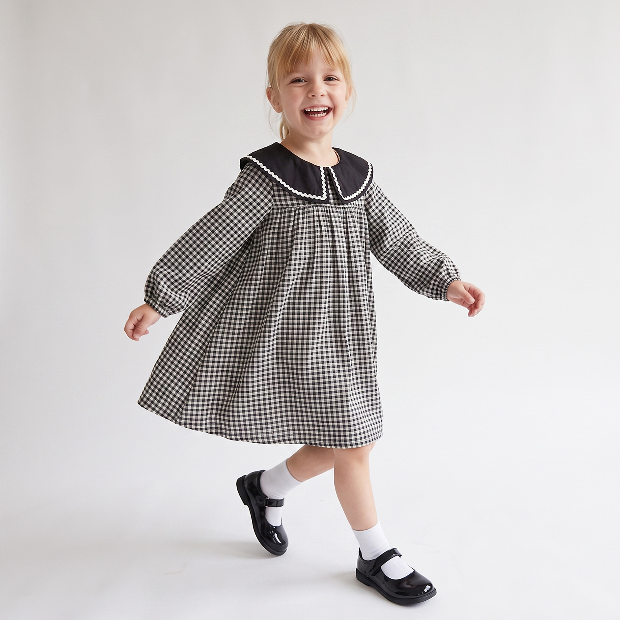Juniors Peter Pan Collar Long Sleeves Knee Length Skater Dress with Checkered Print-girls-clothing-dressesandjumpsuits-image-1