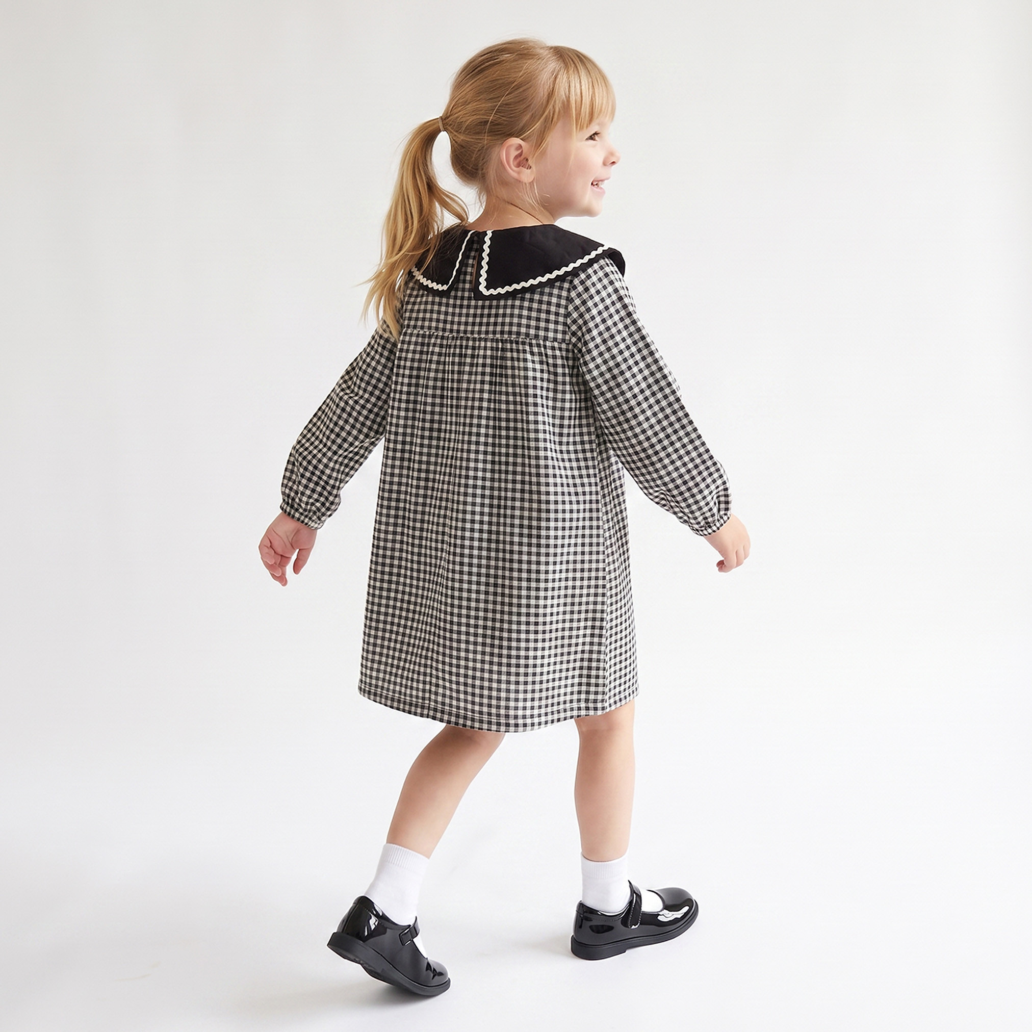Juniors Peter Pan Collar Long Sleeves Knee Length Skater Dress with Checkered Print-girls-clothing-dressesandjumpsuits-image-2