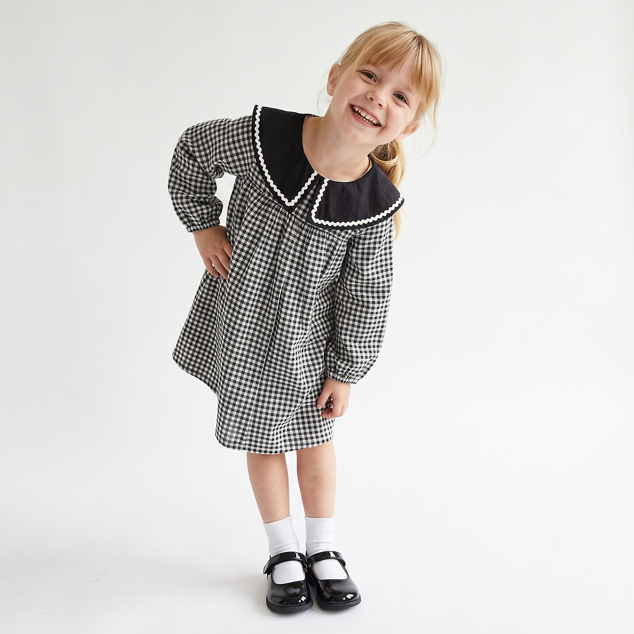 Juniors Peter Pan Collar Long Sleeves Knee Length Skater Dress with Checkered Print-girls-clothing-dressesandjumpsuits-image-5
