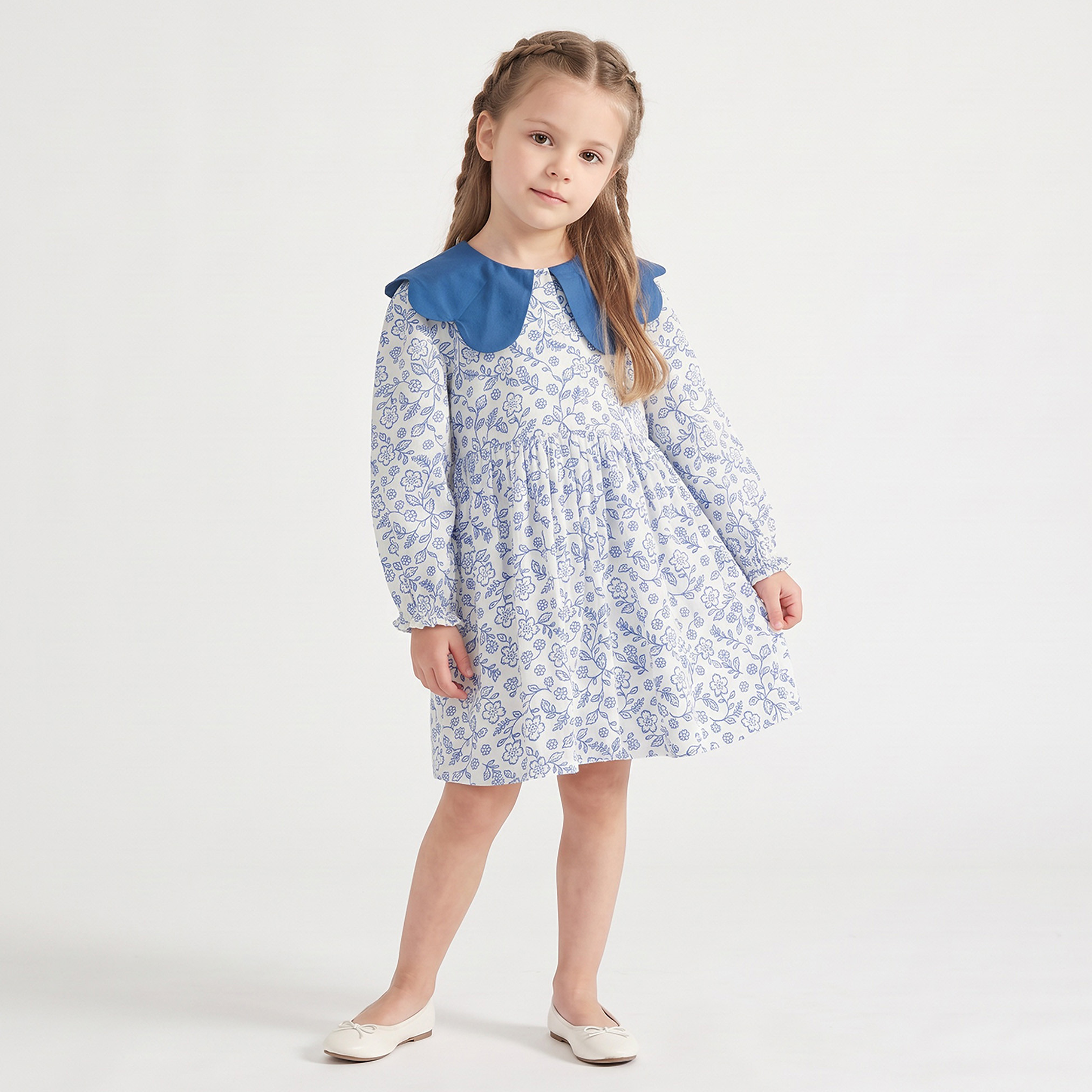 Juniors Peter Pan Collar Long Sleeves Knee Length A-line Dress with Floral Print-girls-clothing-dressesandjumpsuits-image-1