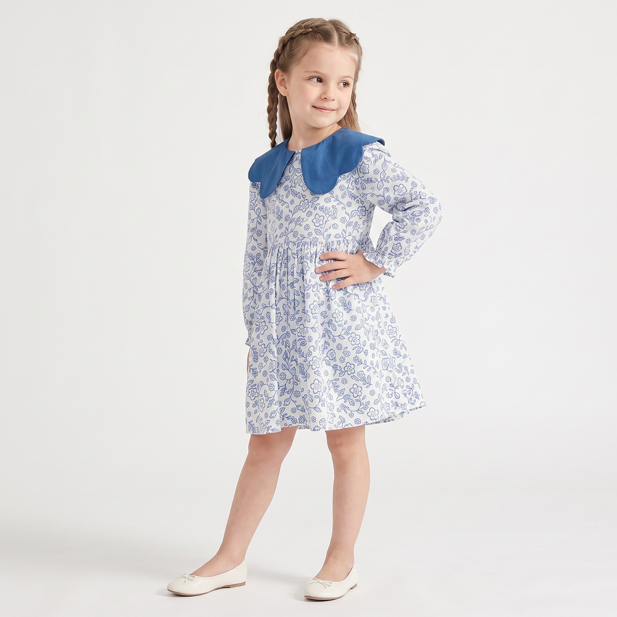 Juniors Peter Pan Collar Long Sleeves Knee Length A-line Dress with Floral Print-girls-clothing-dressesandjumpsuits-image-2
