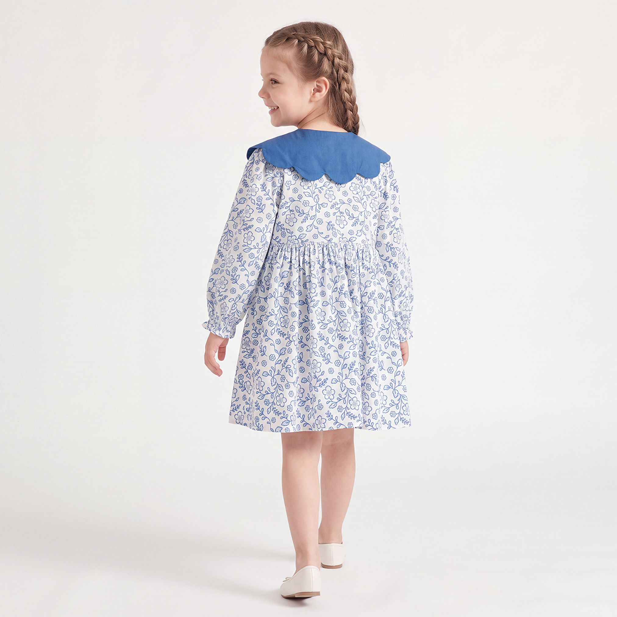Juniors Peter Pan Collar Long Sleeves Knee Length A-line Dress with Floral Print-girls-clothing-dressesandjumpsuits-image-3