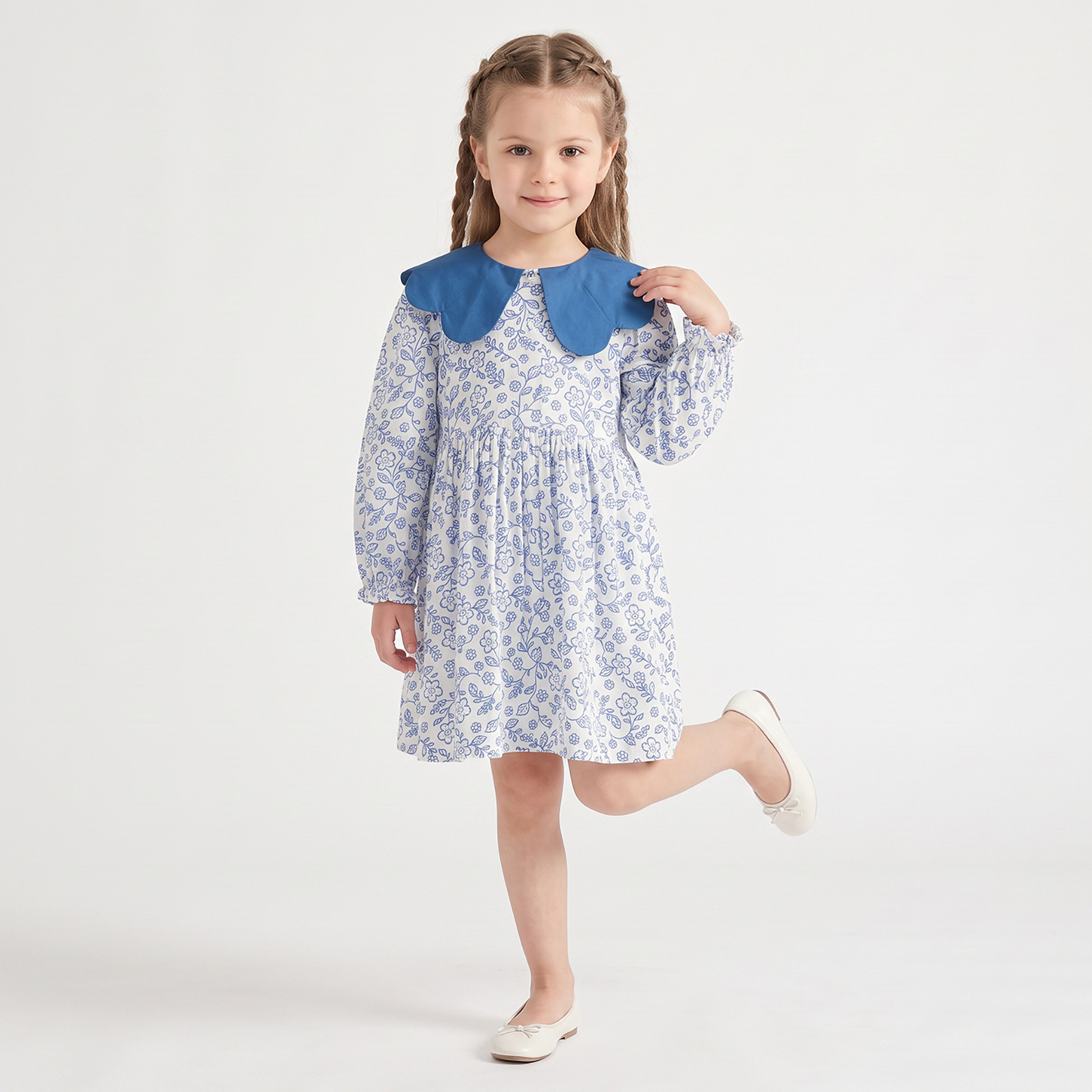 Juniors Peter Pan Collar Long Sleeves Knee Length A-line Dress with Floral Print-girls-clothing-dressesandjumpsuits-image-4