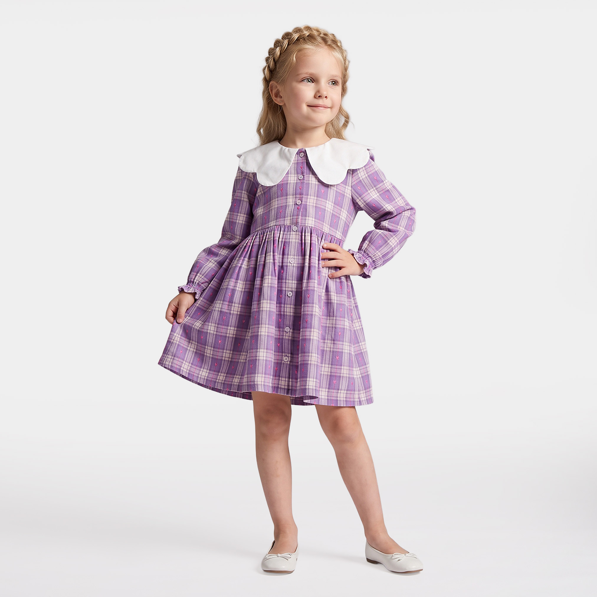 فستان بياقة بيتر بان وأكمام طويلة بطول الركبة وطبعات مربعات من جونيورز-girls-clothing-dressesandjumpsuits-image-1