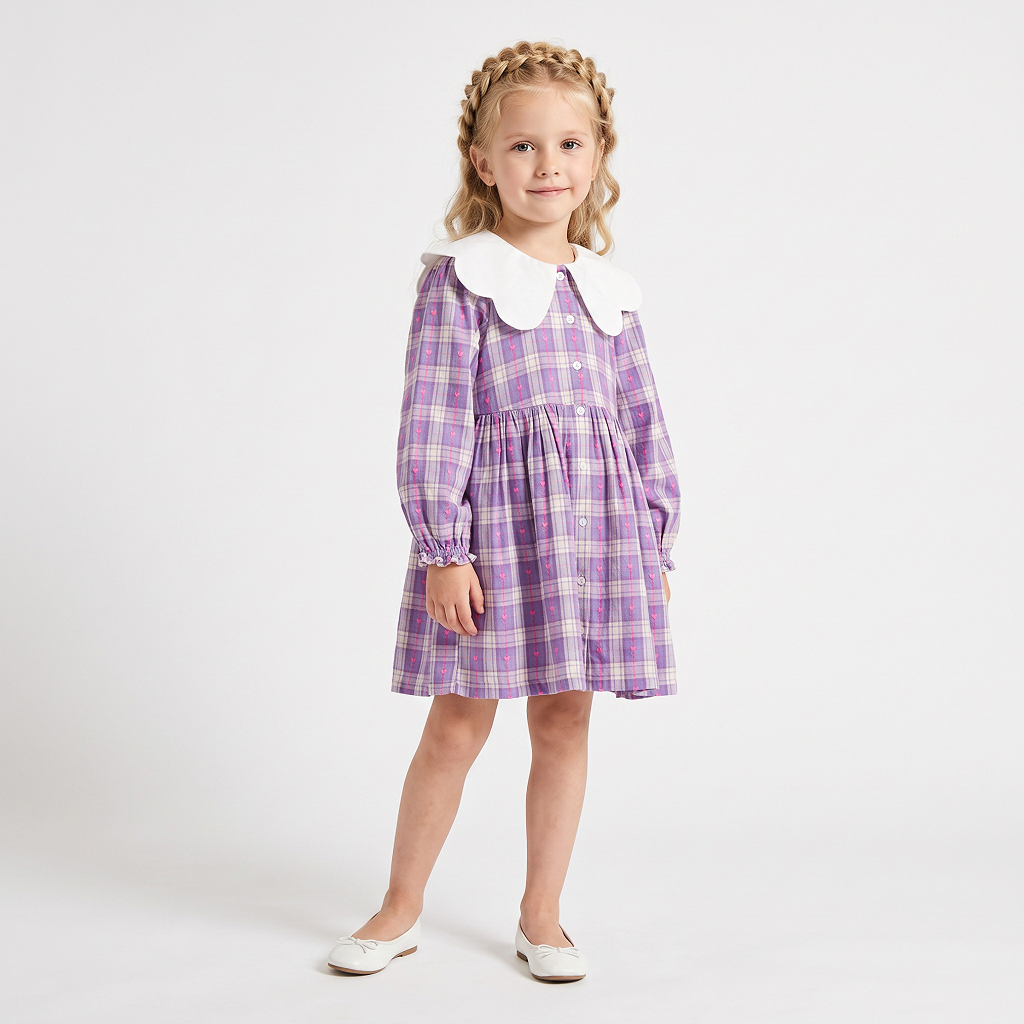 فستان بياقة بيتر بان وأكمام طويلة بطول الركبة وطبعات مربعات من جونيورز-girls-clothing-dressesandjumpsuits-image-2