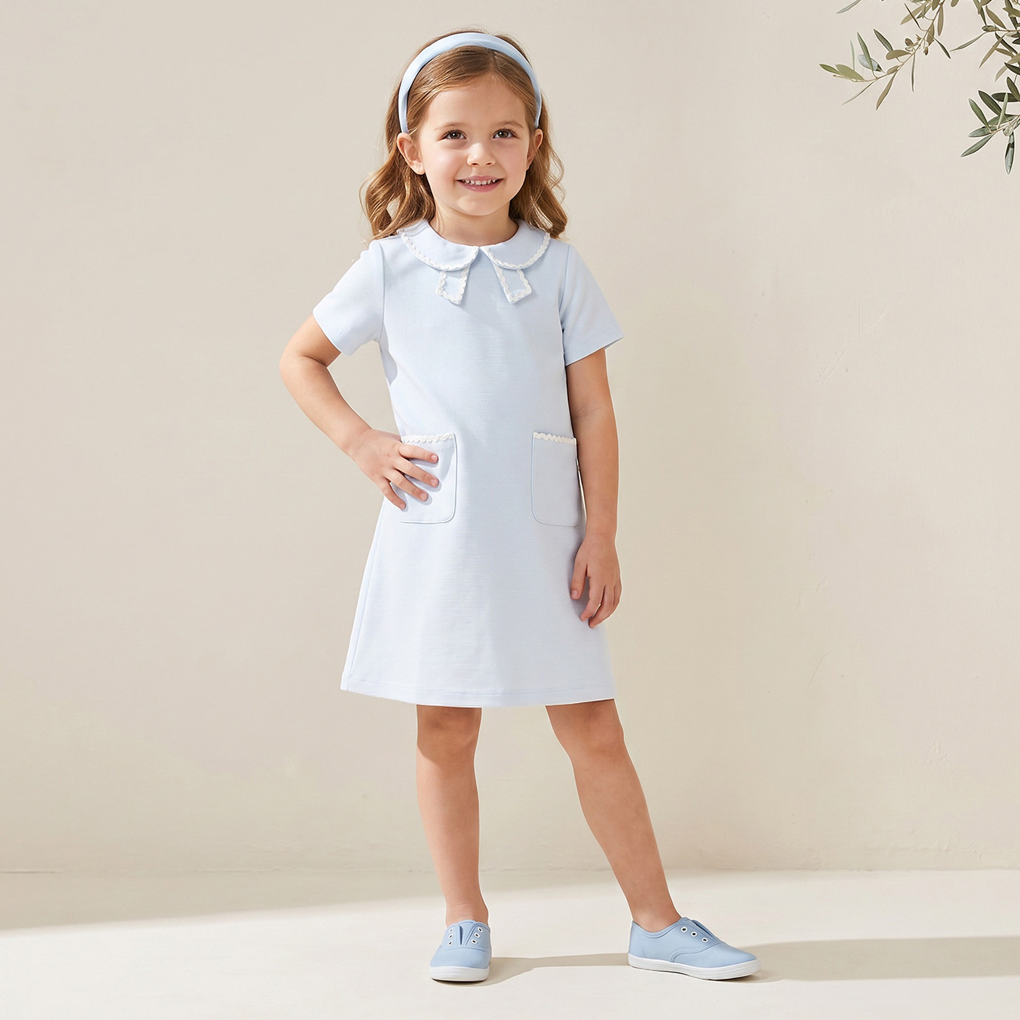 Juniors Peter Pan Collar Short Sleeves Knee Length Polo Dress with Lace Trim-girls-clothing-dressesandjumpsuits-image-1