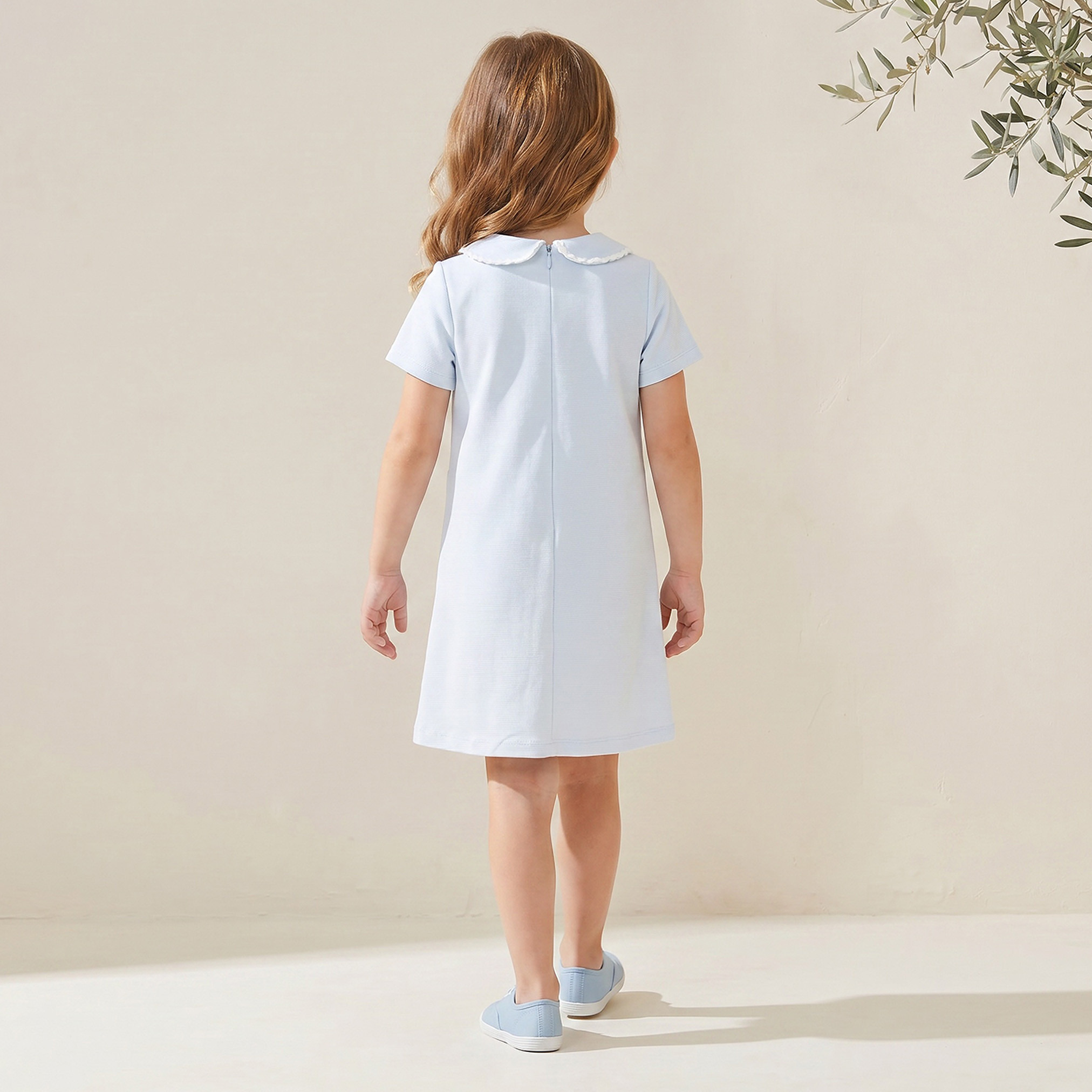 Juniors Peter Pan Collar Short Sleeves Knee Length Polo Dress with Lace Trim-girls-clothing-dressesandjumpsuits-image-2