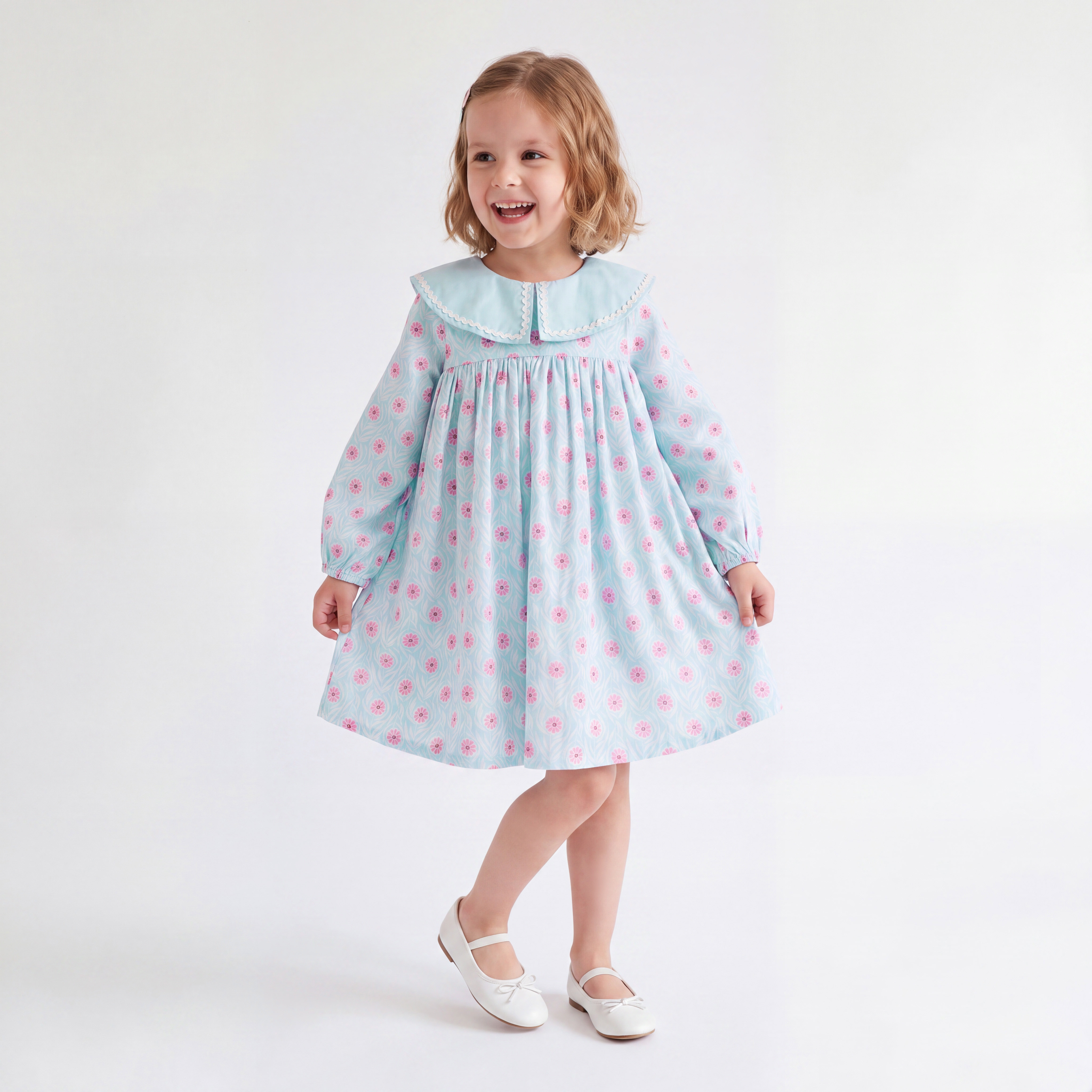 Juniors Peter Pan Collar Long Sleeves Knee Length Dress with Floral Print-girls-clothing-dressesandjumpsuits-image-1