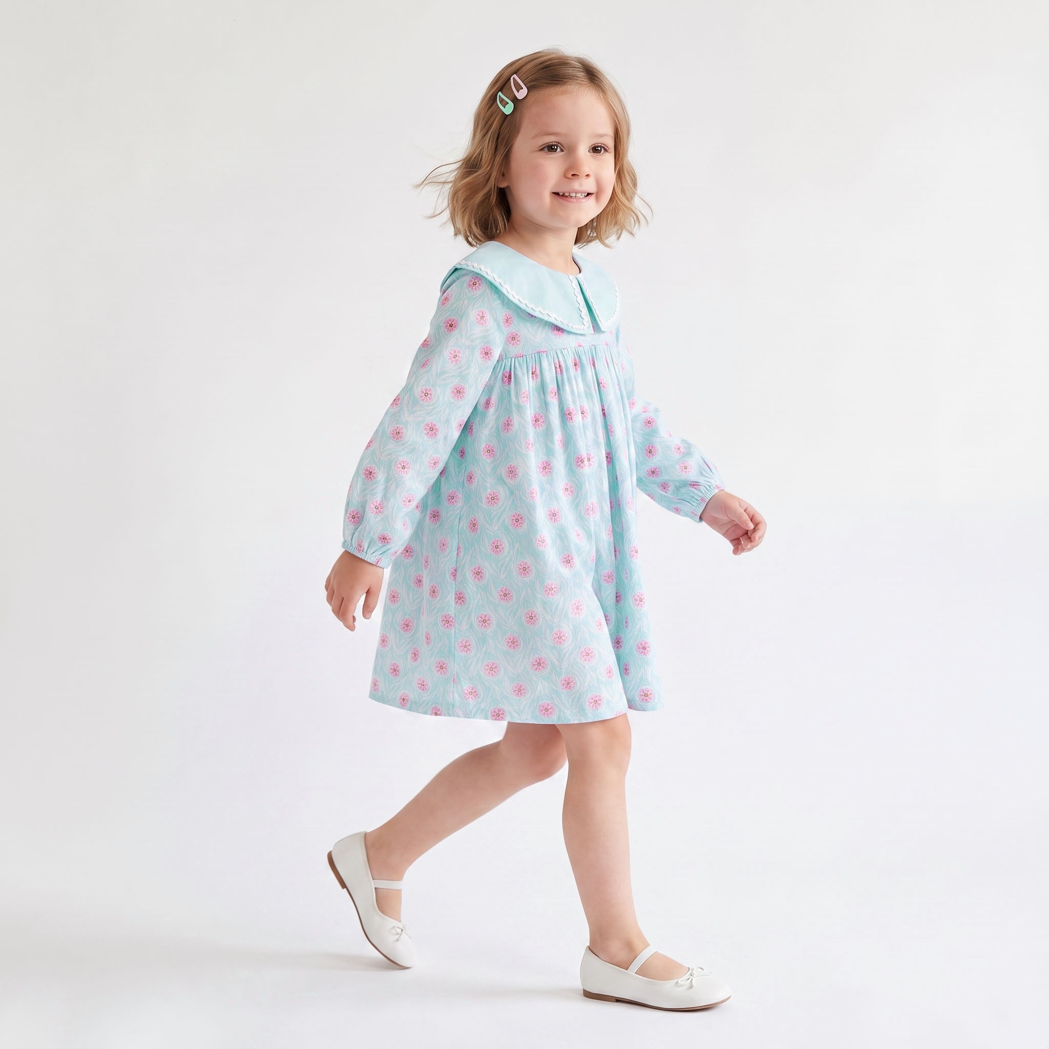 Juniors Peter Pan Collar Long Sleeves Knee Length Dress with Floral Print-girls-clothing-dressesandjumpsuits-image-4