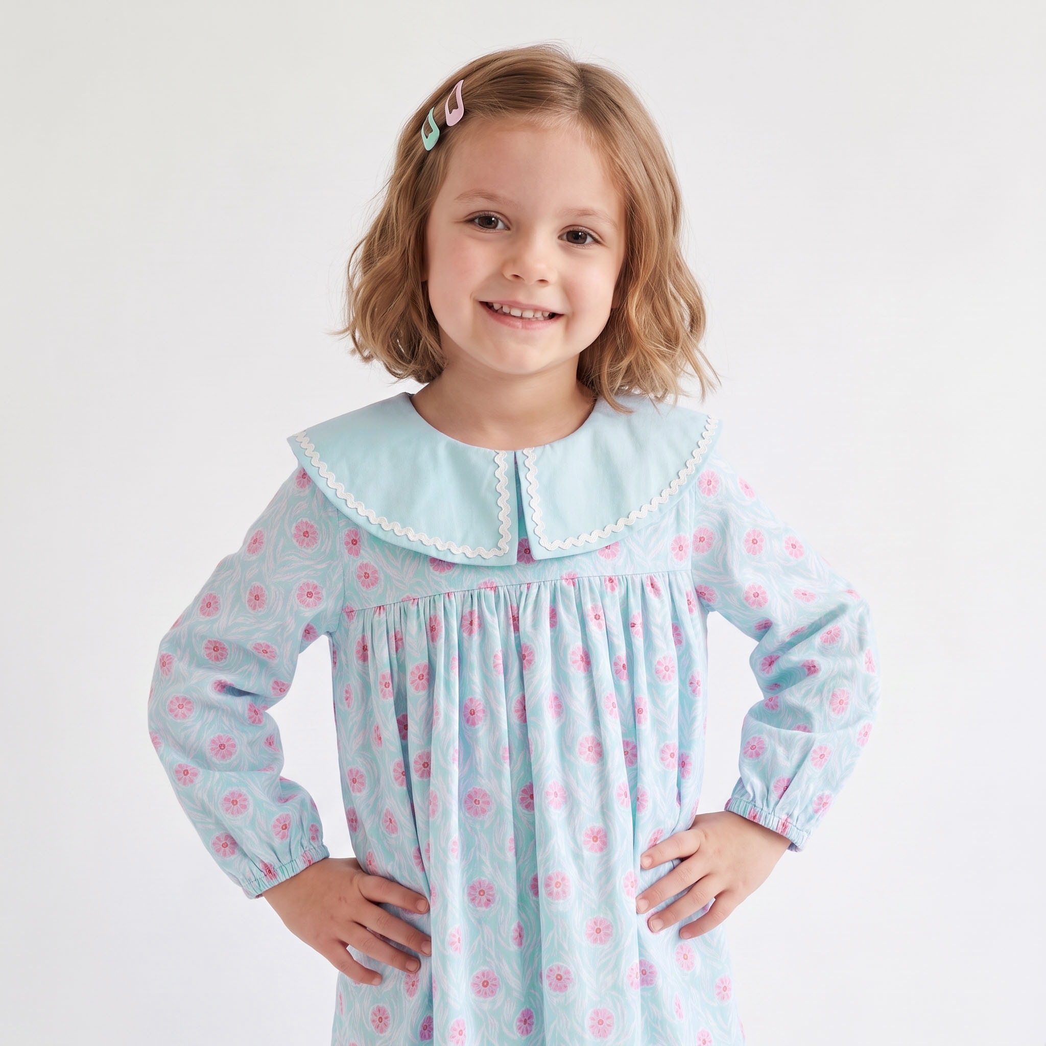 Juniors Peter Pan Collar Long Sleeves Knee Length Dress with Floral Print-girls-clothing-dressesandjumpsuits-image-5