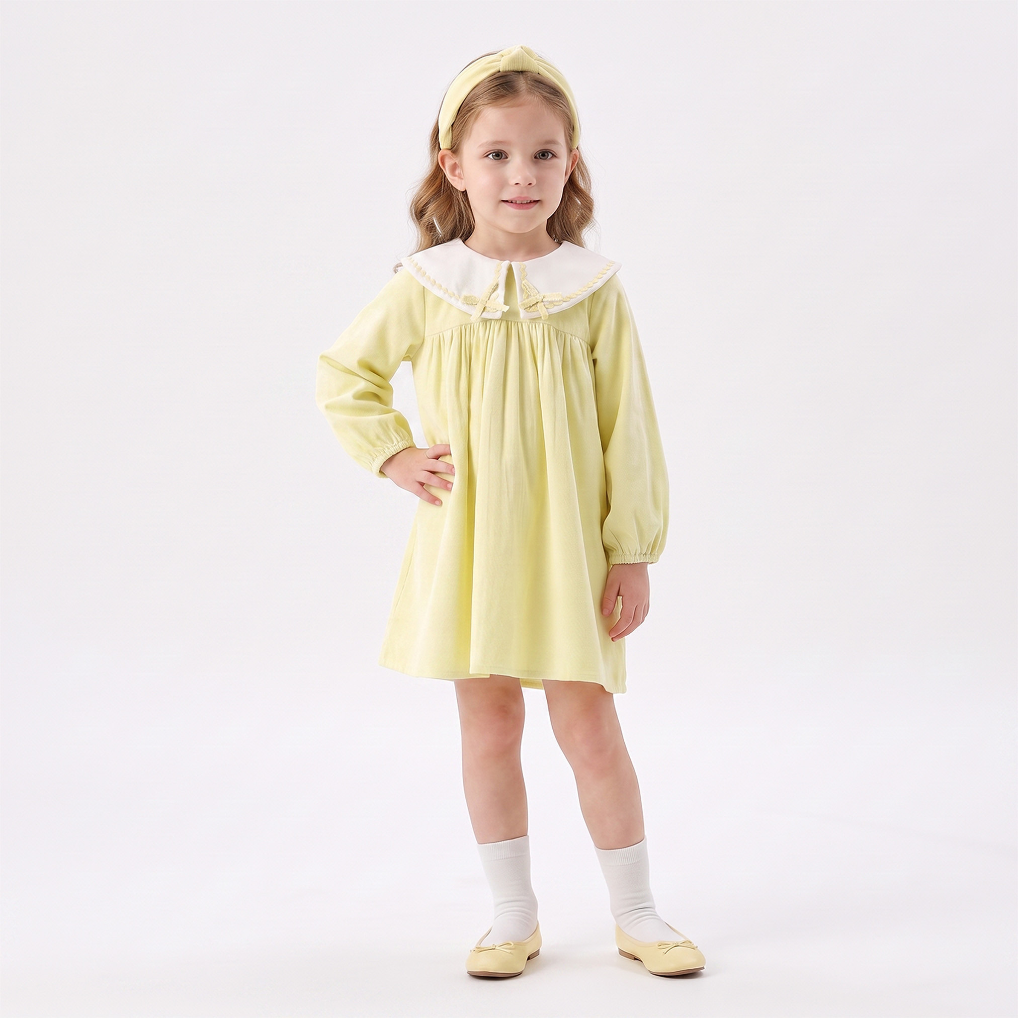 Juniors Peter Pan Collar Long Sleeves Knee Length Skater Dress with Lace Trim-girls-clothing-dressesandjumpsuits-image-1