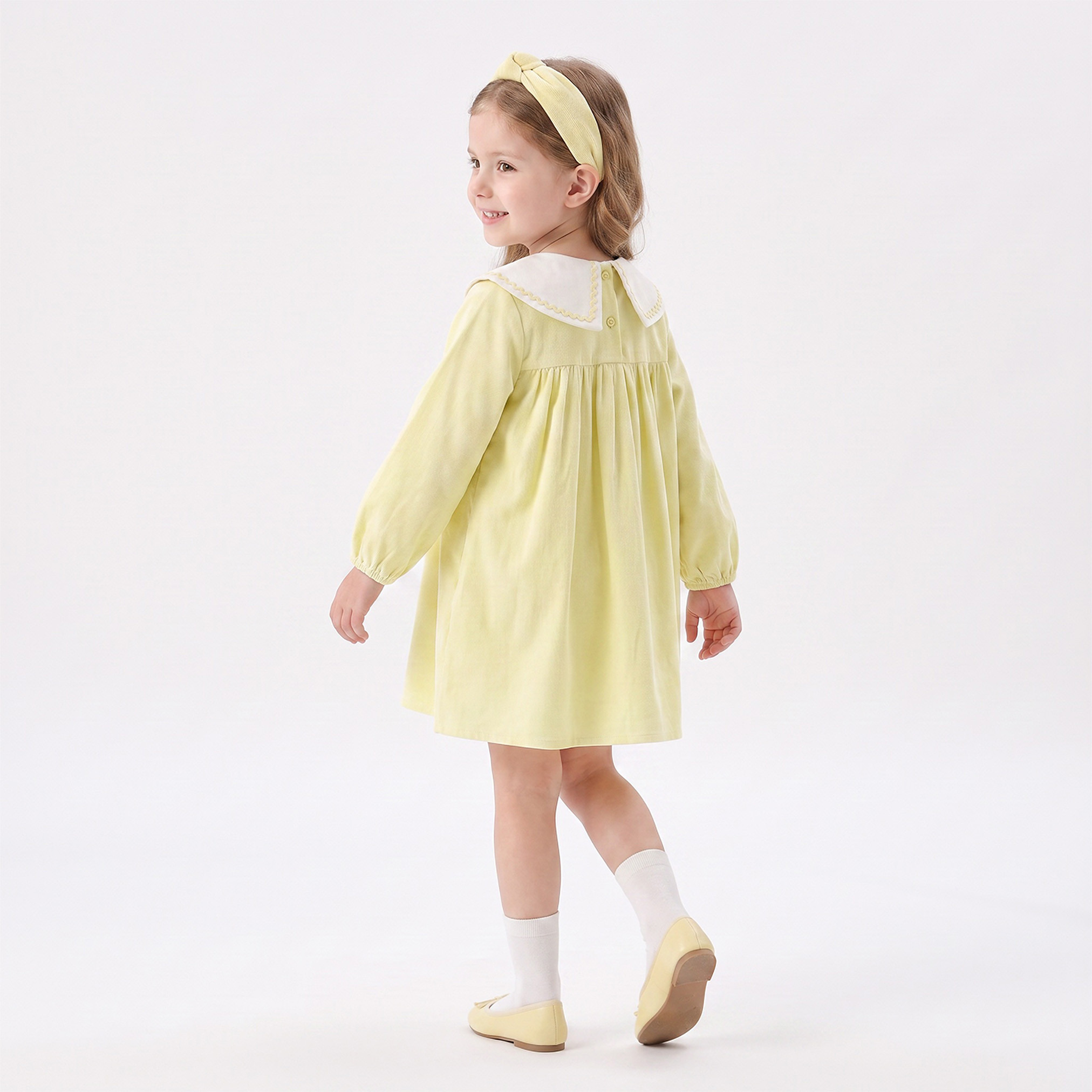 Juniors Peter Pan Collar Long Sleeves Knee Length Skater Dress with Lace Trim-girls-clothing-dressesandjumpsuits-image-2