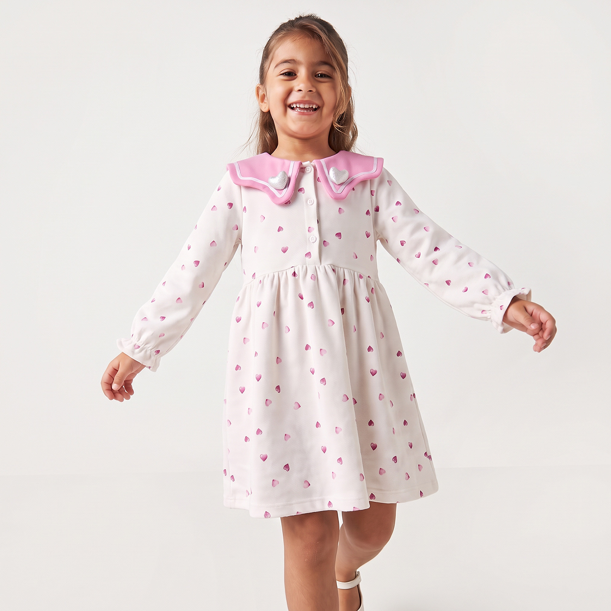 Juniors Sailor Collar Long Sleeves Knee Length Dress with Heart Applique-girls-clothing-dressesandjumpsuits-image-1