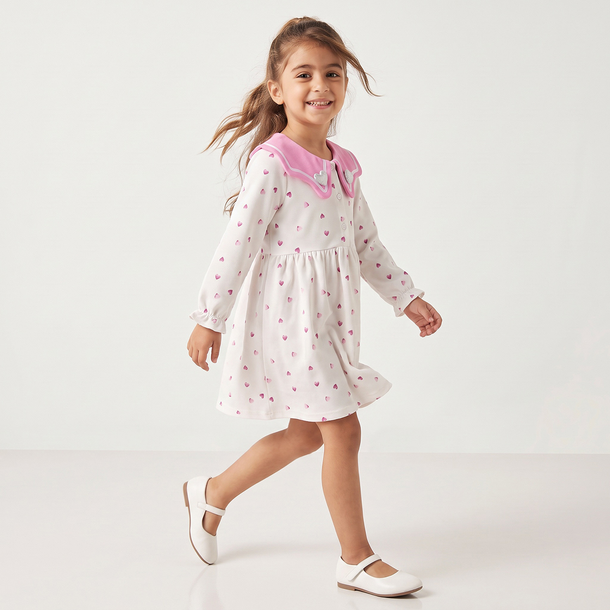 Juniors Sailor Collar Long Sleeves Knee Length Dress with Heart Applique-girls-clothing-dressesandjumpsuits-image-4