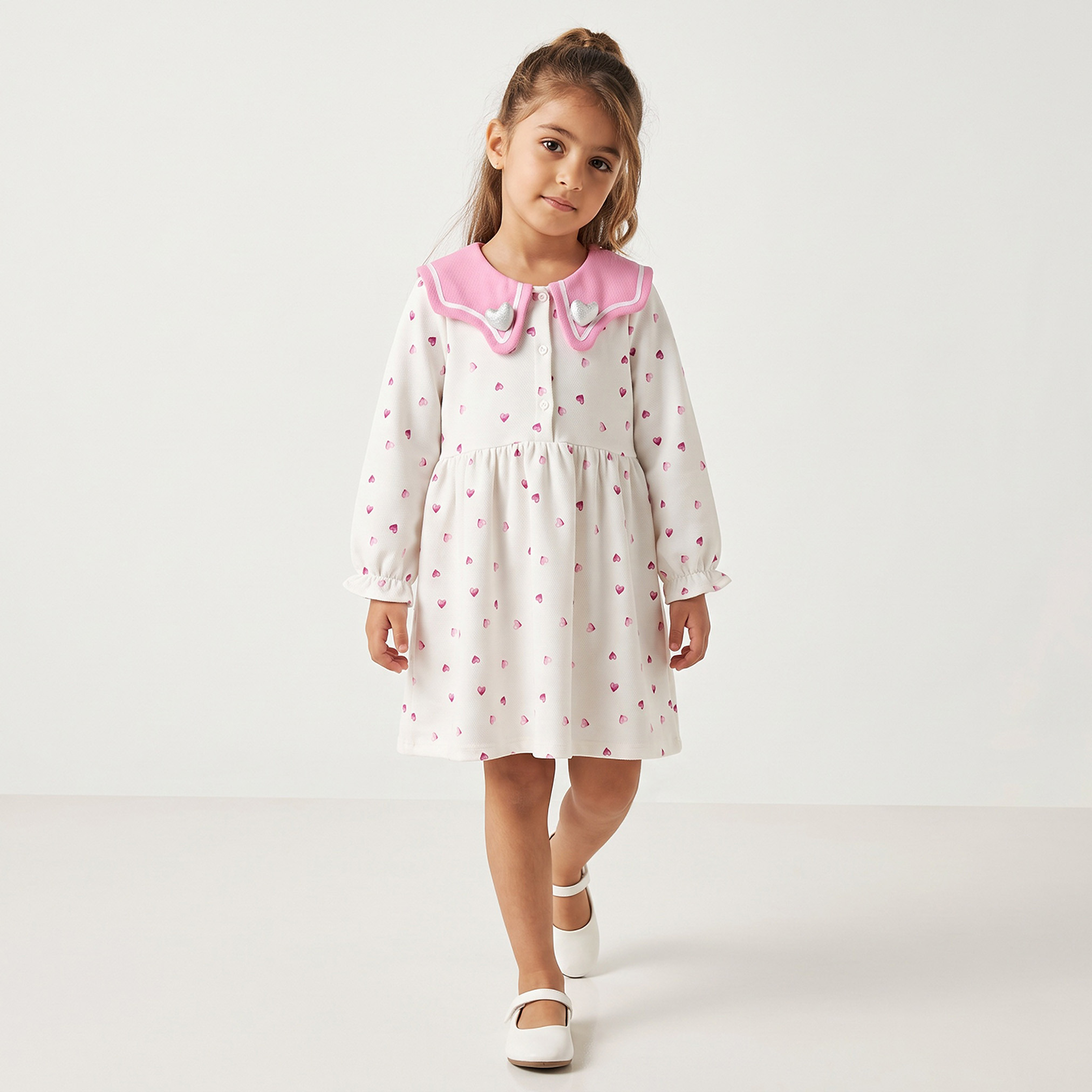 Juniors Sailor Collar Long Sleeves Knee Length Dress with Heart Applique-girls-clothing-dressesandjumpsuits-image-6