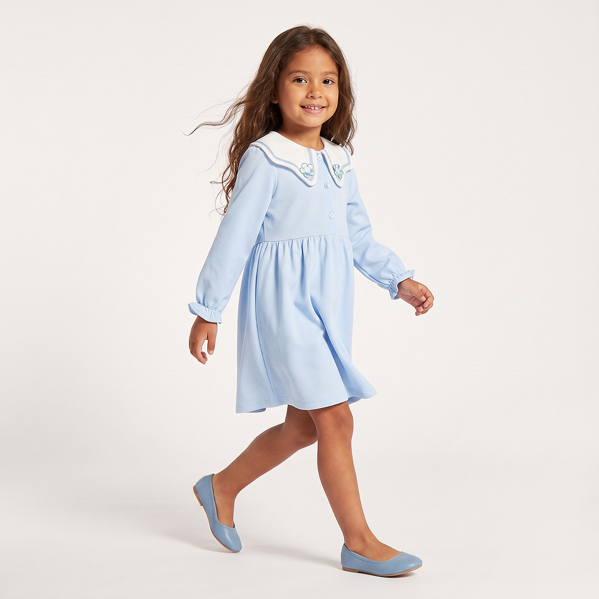 فستان بطول الركبة وأكمام طويلة وياقة بحار وزخارف زهرية من جونيورز-girls-clothing-dressesandjumpsuits-image-4